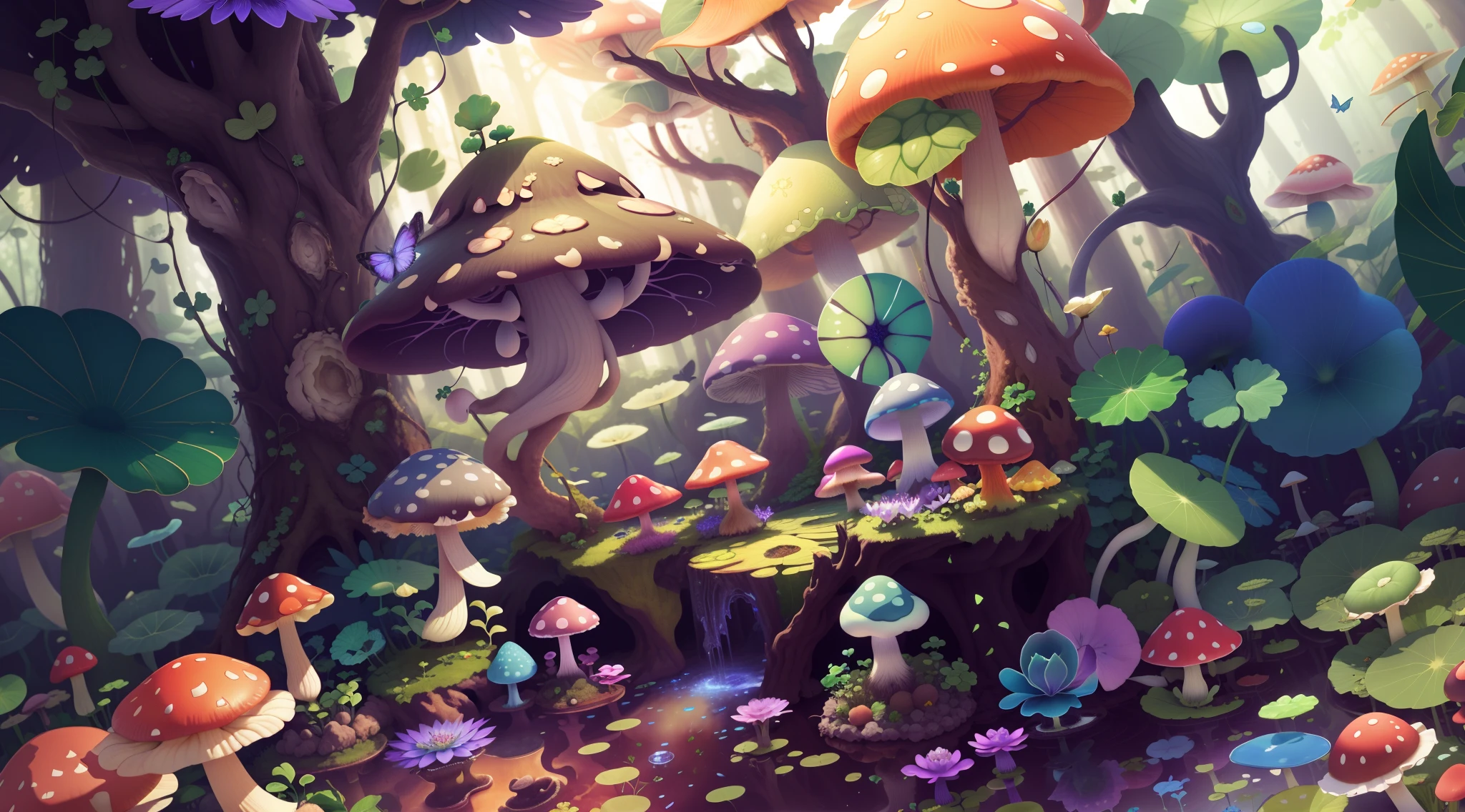 Mushroom forest with glass goblet,s fractal art,morning glory,butterflys,lotuses,four-leaf clover,morning glory,Cyber Mushroom Forest,Ultra-detailed digital fantasy art。Mushrooms are everywhere in the picture,The unique mushroom shape creates a magical casa scene
