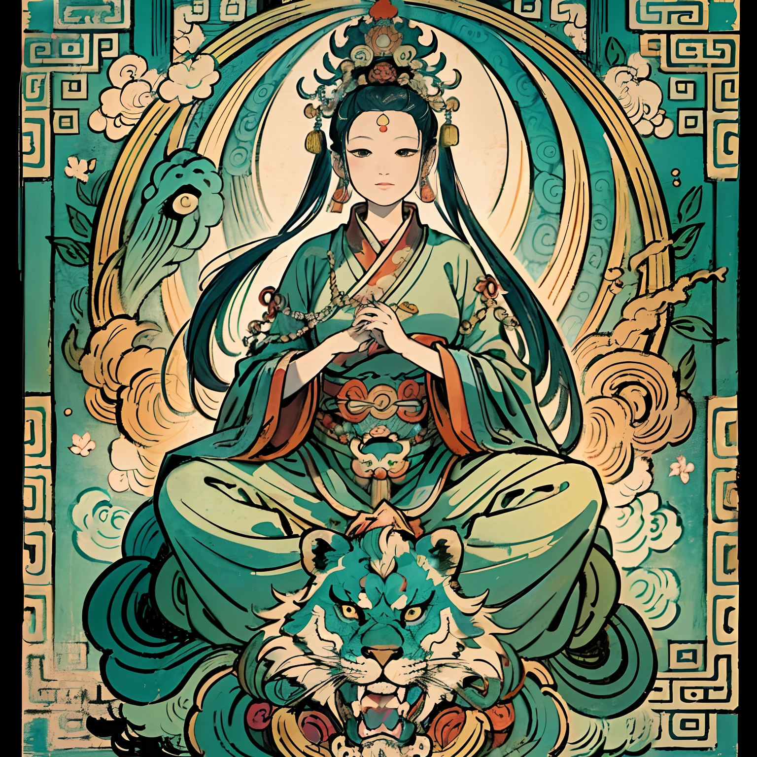 an ancient Chinese goddess, guanyin of the southern seas, Guanyin, Inspired by India, Avalokiteshvara rides a lion,,Serene expression,shui mo hua,Buddha,Buddhist,Lotus,Chinese painting style,Thangka style