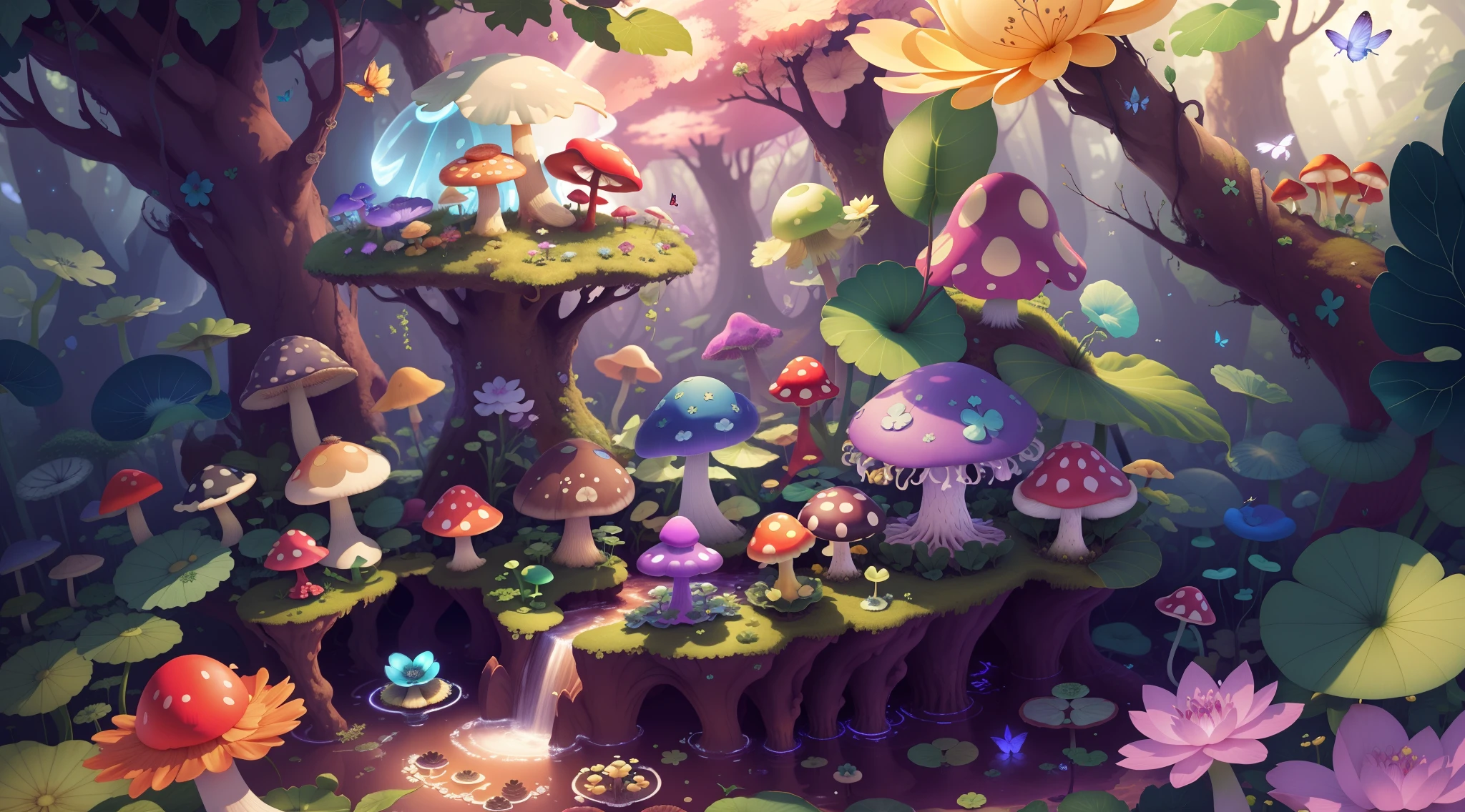 Mushroom forest with glass goblet,s fractal art,morning glory,butterflys,lotuses,four-leaf clover,morning glory,Cyber Mushroom Forest,Ultra-detailed digital fantasy art。Mushrooms are everywhere in the picture,The unique mushroom shape creates a magical casa scene