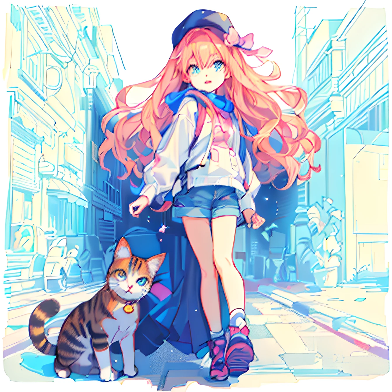 A girl and her cat walking down the street, anime city lineart, beautiful line art, Anime style illustration, anime style drawing, perfect lineart, trending on artstation pixiv, anime girl with cat ears, lineart behance hd, urban girl fanart, extremely fine ink lineart, Anime girl with long hair, Manhwa Style