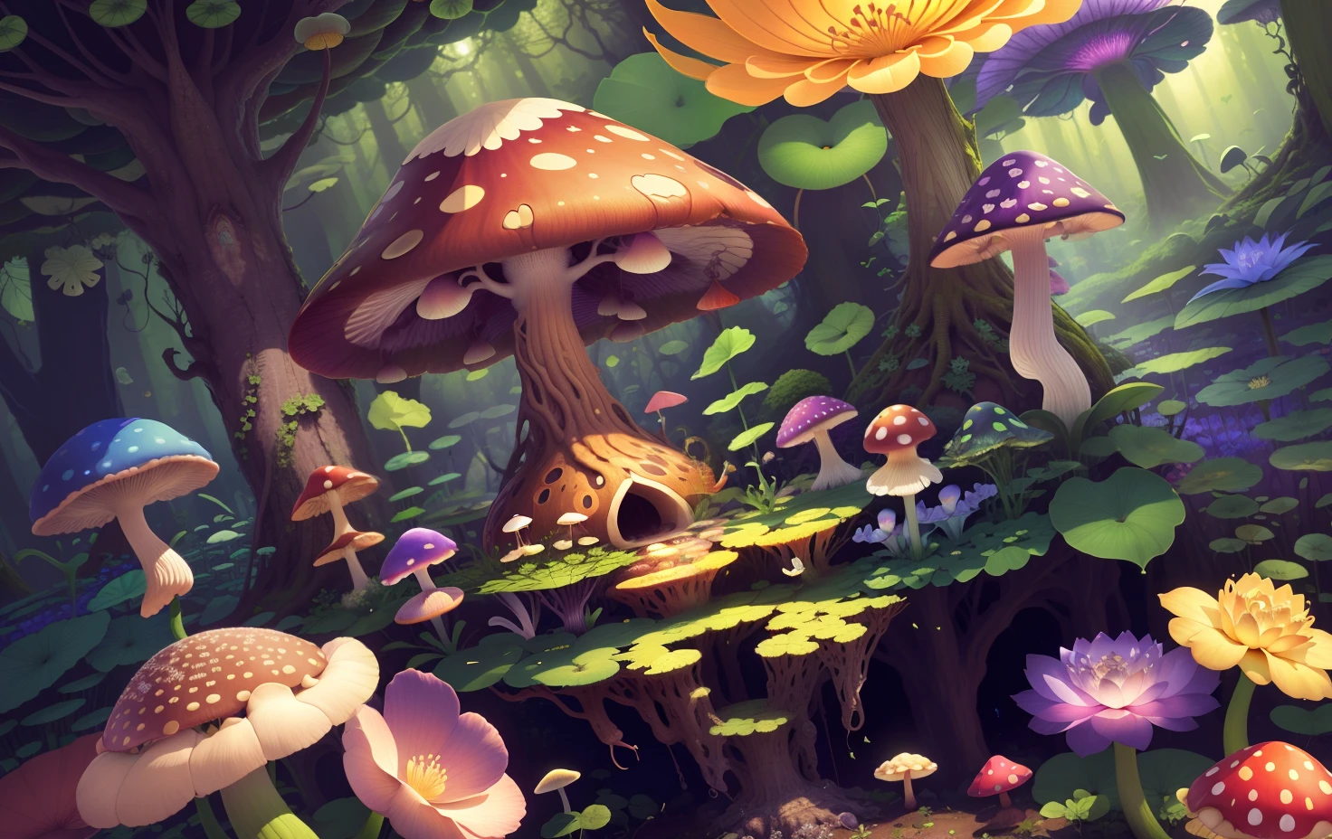 Mushroom forest with glass goblet，s fractal art，morning glory，butterflys，lotuses，four-leaf clover，morning glory，Cyber Mushroom Forest，Ultra-detailed digital fantasy art。Mushrooms are everywhere in the picture，The unique mushroom shape creates a magical casa scene