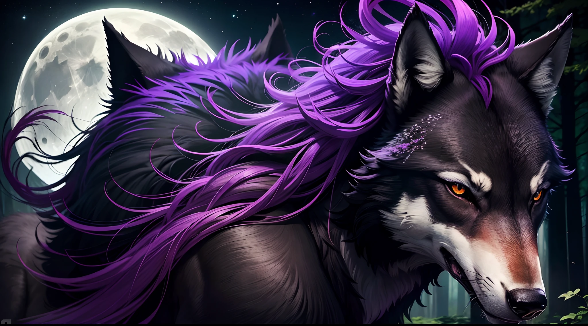 wolf,black fur with tints of purple, watching a big griffin black with tints of red flying above the wolf, they are friends, overlooking a moon lite forest, leavs on  forest trees glowing green, portrait,