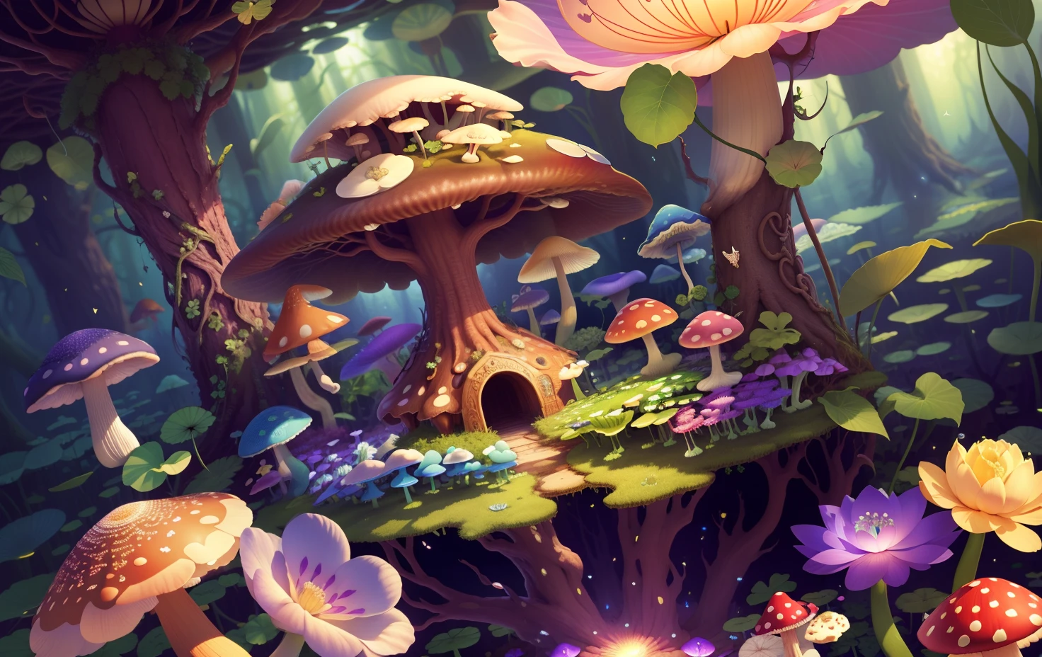 Mushroom forest with glass goblet,s fractal art,morning glory,butterflys,lotuses,four-leaf clover,morning glory,Cyber Mushroom Forest,Ultra-detailed digital fantasy art。Mushrooms are everywhere in the picture,The unique mushroom shape creates a magical casa scene
