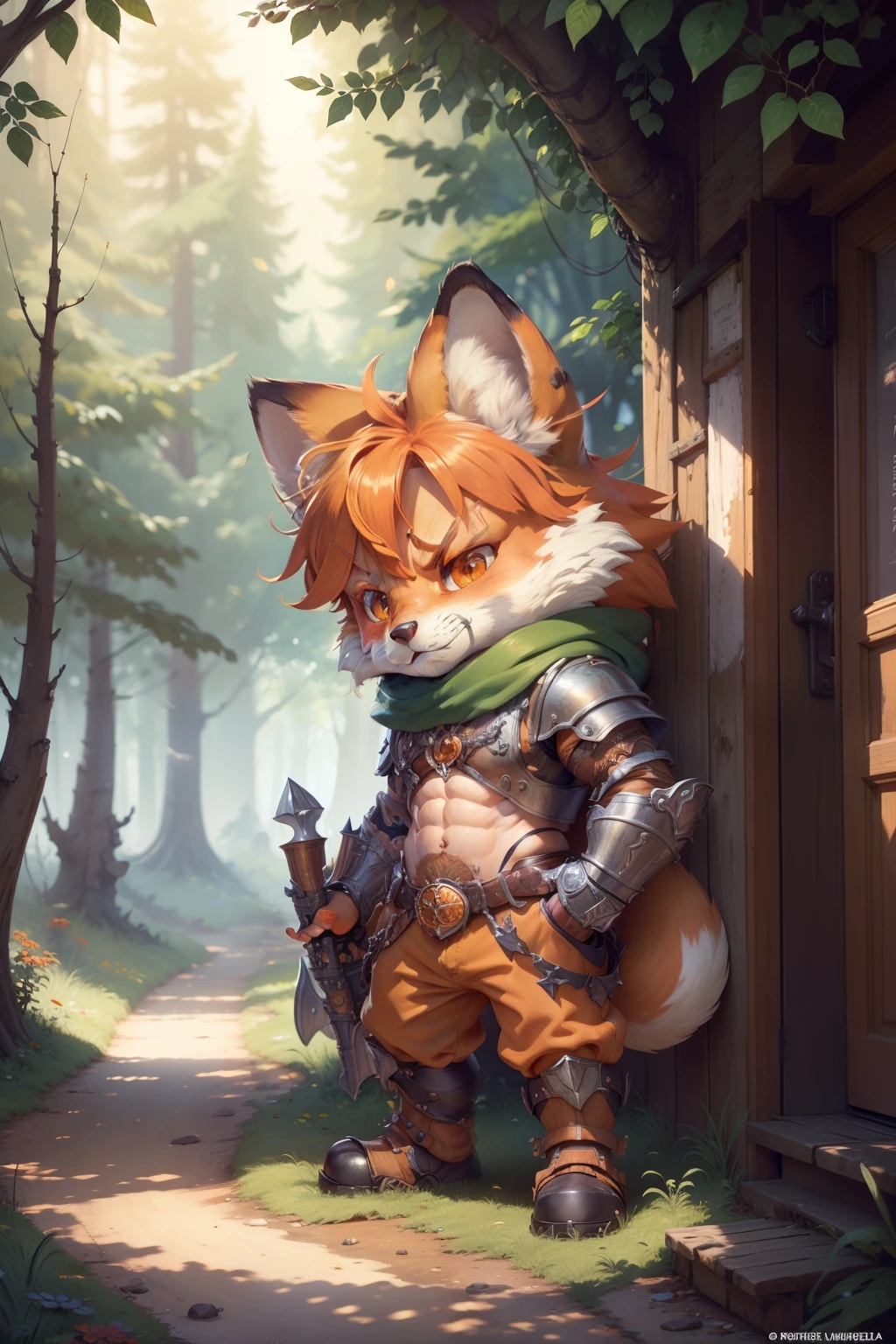 Hyperdetailed Painting, Jean-Baptiste Monge Style, Anthropomorphic fox, knight, muscular ,detailed pupils ,orange hair, red and green armor, kubrik stare, pale skin, greaves, dagger, dual wielding , High Quality, Very Angry Face, Body Fitness, Full Body, Long Hair with Braids, Night in the forest with fireflies,