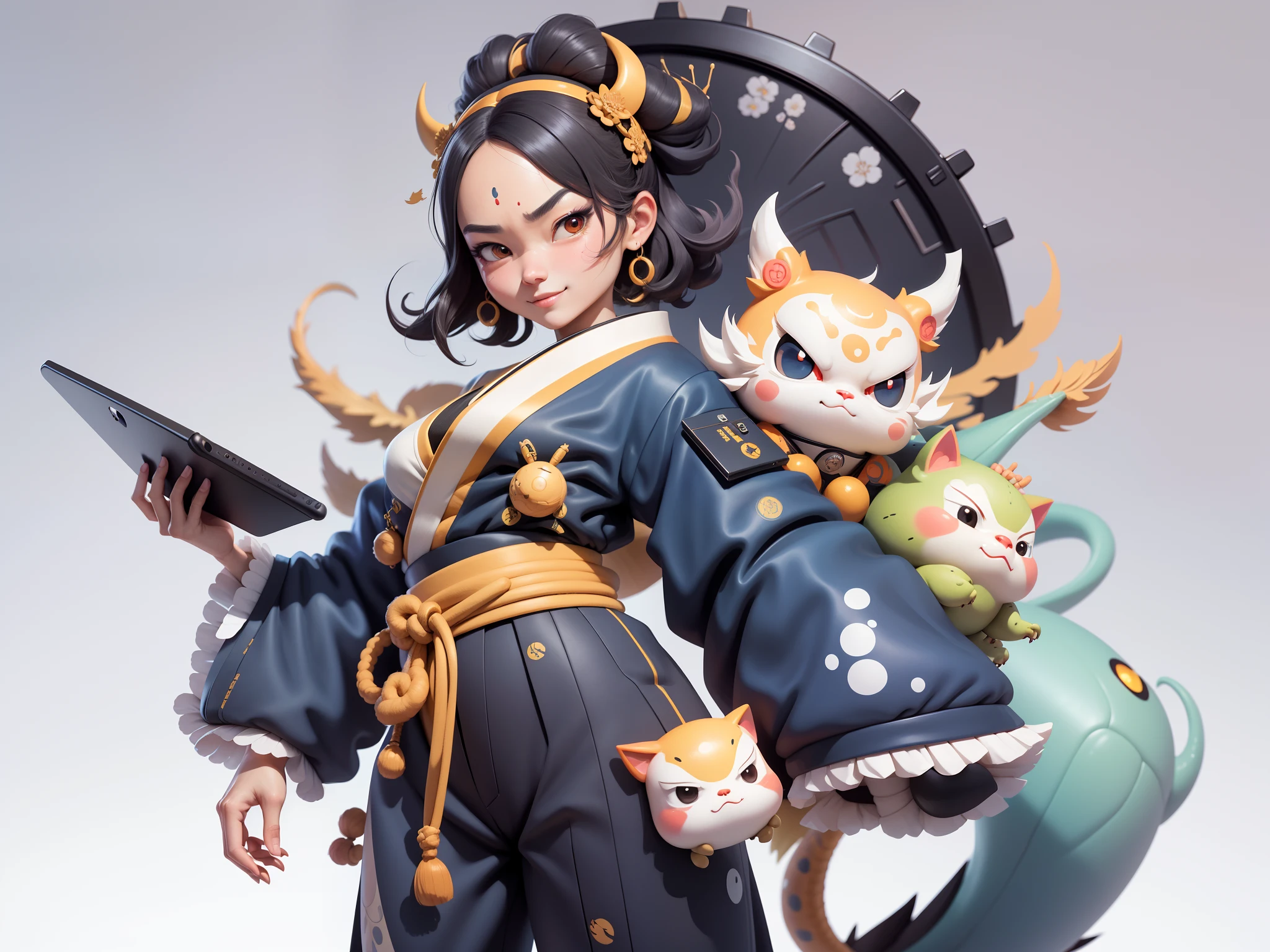 (Daisaku),(Need),(Super meticulous),(full bodyesbian:1.2),Japanese ukiyo-e girl，japanese geisha，Beautiful，Oriental dragon，Aeolian Thor，Raised sexy，爆乳，Oriental face，TV Anchor，Bust portrait illustration，Alone，In black suit，a blue tie，The face is slightly chubby，The face was clean，without a beard，Black super short hair，Black eyes，Smile confidently，3C computer sub-products，iPad， iphone，Digital painting，3D character design by Mark Clairen and Pixar and Hayao Miyazaki and Akira Toriyama，The illustration is a high-definition illustration in 4K resolution，With very detailed facial features and cartoon-style visuals。