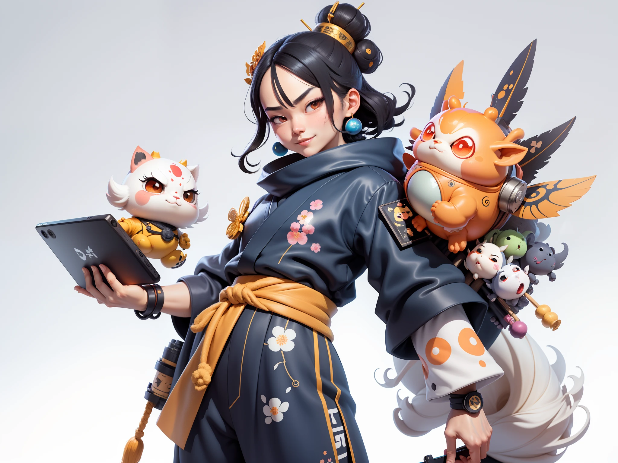 (Daisaku),(Need),(Super meticulous),(full bodyesbian:1.2),Japanese ukiyo-e girl，japanese geisha，Beautiful，Oriental dragon，Aeolian Thor，Raised sexy，爆乳，Oriental face，TV Anchor，Bust portrait illustration，Alone，In black suit，a blue tie，The face is slightly chubby，The face was clean，without a beard，Black super short hair，Black eyes，Smile confidently，3C computer sub-products，iPad， iphone，Digital painting，3D character design by Mark Clairen and Pixar and Hayao Miyazaki and Akira Toriyama，The illustration is a high-definition illustration in 4K resolution，With very detailed facial features and cartoon-style visuals。