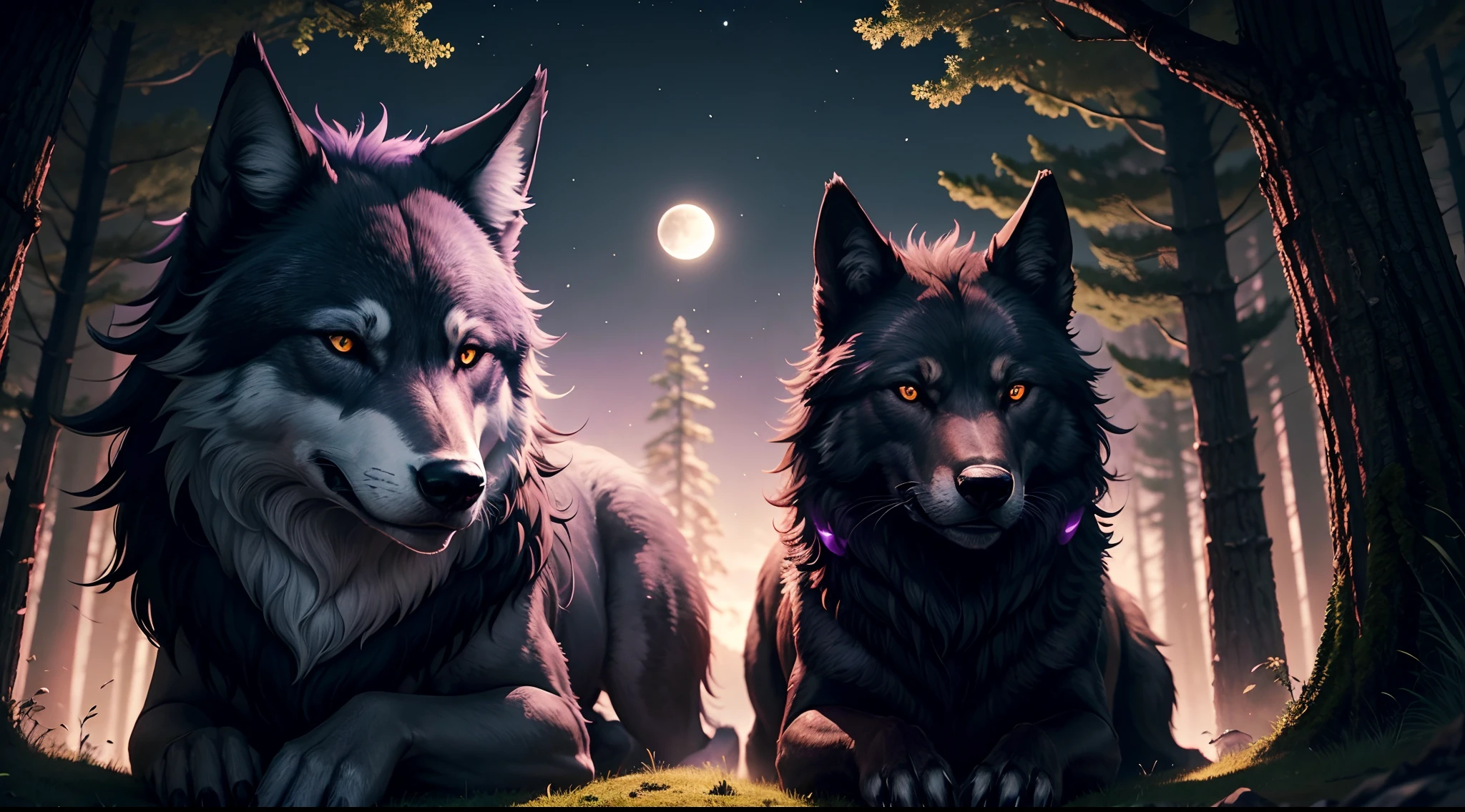 wolf,black fur with tints of purple, watching a big griffin black with tints of red flying above the wolf, they are friends, overlooking a moon lite forest, leavs on forest trees glowing green, portrait,