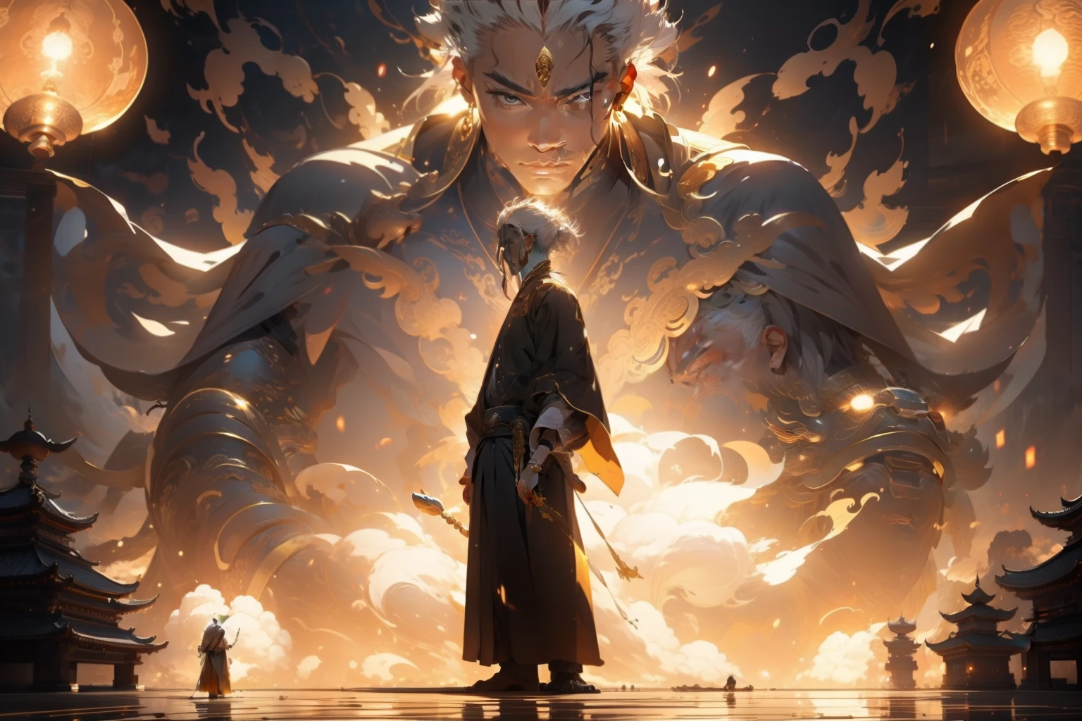 A character stands in front of a golden Taoist priest