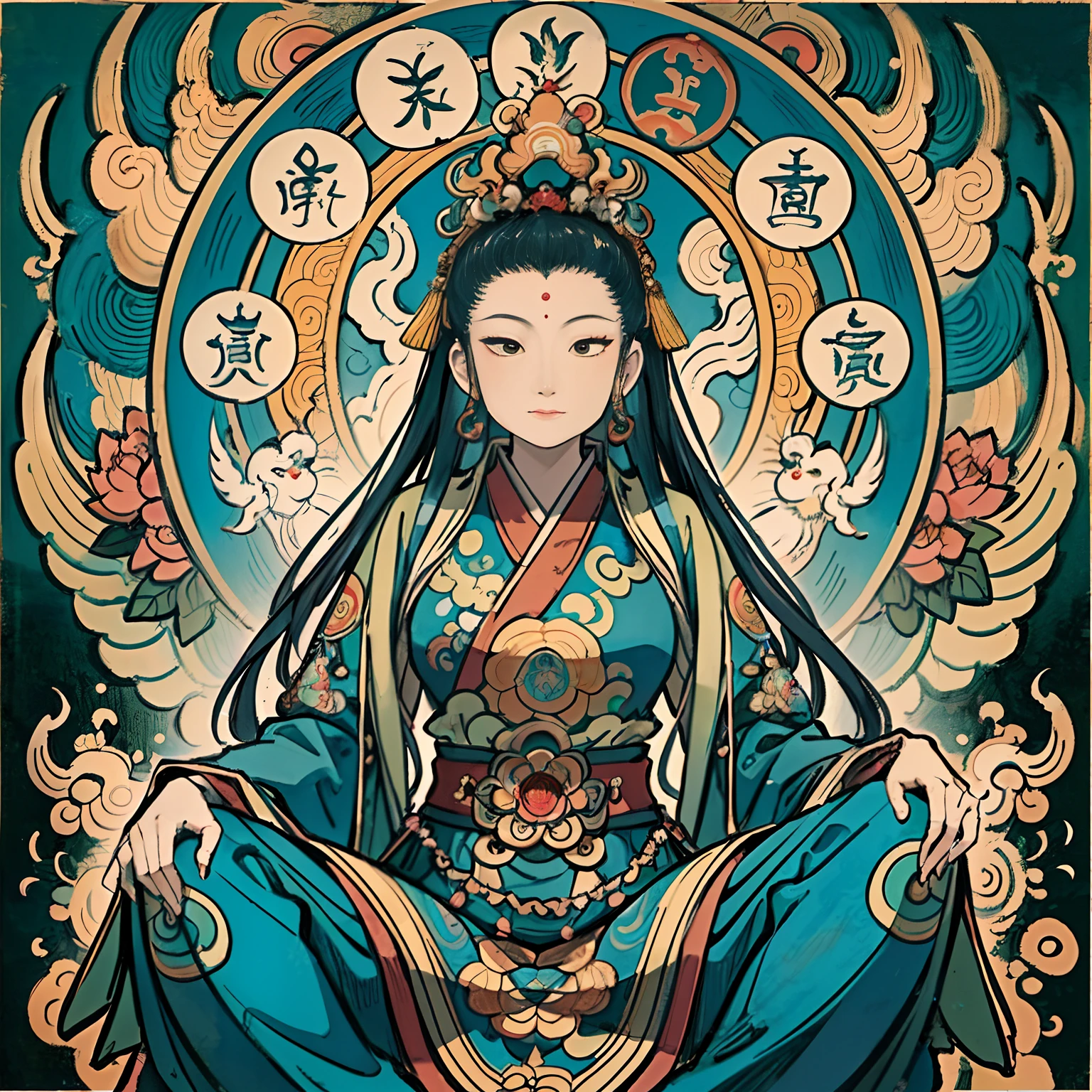 an ancient Chinese goddess, guanyin of the southern seas, Guanyin, Inspired by India, Avalokiteshvara rides a phoenix,,Serene expression,shui mo hua,Buddha,Buddhist,Lotus,Chinese painting style,Thangka style