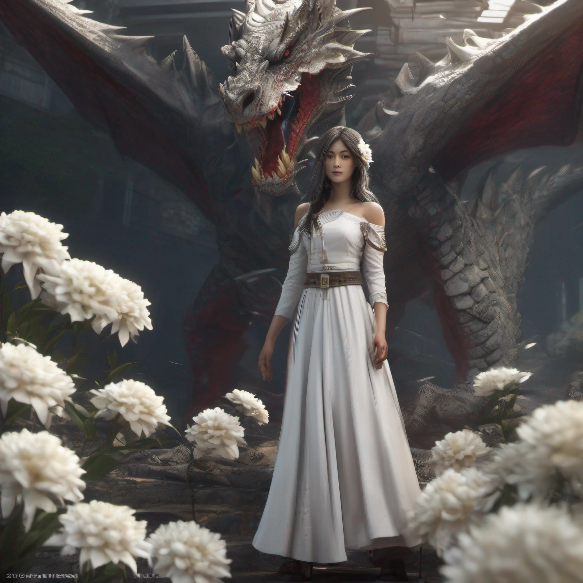 (very detailed CG unity 8k wallpaper), (masterpiece), (best quality: 1.2), (high resolution), (illustration: 1.1), (movie lights: 1.1), fine, intricate details, (best illustration), 8k resolution, intricate details, best quality, realistic, ultra detailed, best lighting, best shadows, ultra hd, cryengine, ultra hd, (detailed reflections), detailed shadows , (((intricate details))), smooth, ((perfect shading)), high-quality metallic texture, metallic luster, highly detailed illustration, (realistic:1.6), (wide_shot:1.2), ( from below, dutch_angle), dutch angle, ((cowboy shot)), (beautiful detailed eyes :1.1), beautiful detailed eyes: 1.1, (realistic body: 1.2), looking at the audience, (a girl holding a white Giant dragon, surrounded by white flowers.:1.6), (with disheveled hair), (holding left hand\[prepare a sword[light skin]], (blood dripping all over body:1.1), paintbrush, (glowing eyes\[ Rubik&#39;s cube in the eyes [color yellow]), long silver hair, hair between the eyes, sigma 135mm lens, amaryllis around, (((face to face: 1.6))), complex background, dynamic camera angle, blood rain behind , (war zone), (((high quality detailed ruins))), (depth of field), ((cinematic lighting)), ((horror)), ((dark fantasy)), lovecraftian, spot color, monotone, Red, blood splatter, (best illumination), (hyper intricate details), ((ultra-detailed)), 4k unity , (extremely detailed CG:1.2), (8k:1.1), ((landscape)), Artstation, ((by sui ishida, by Wenjun Lin, by stefan morrell)), dystopian art, apocalyptic art, ((semi-realism), (realism), (dynamic), (nixeu_basic2:0.5)