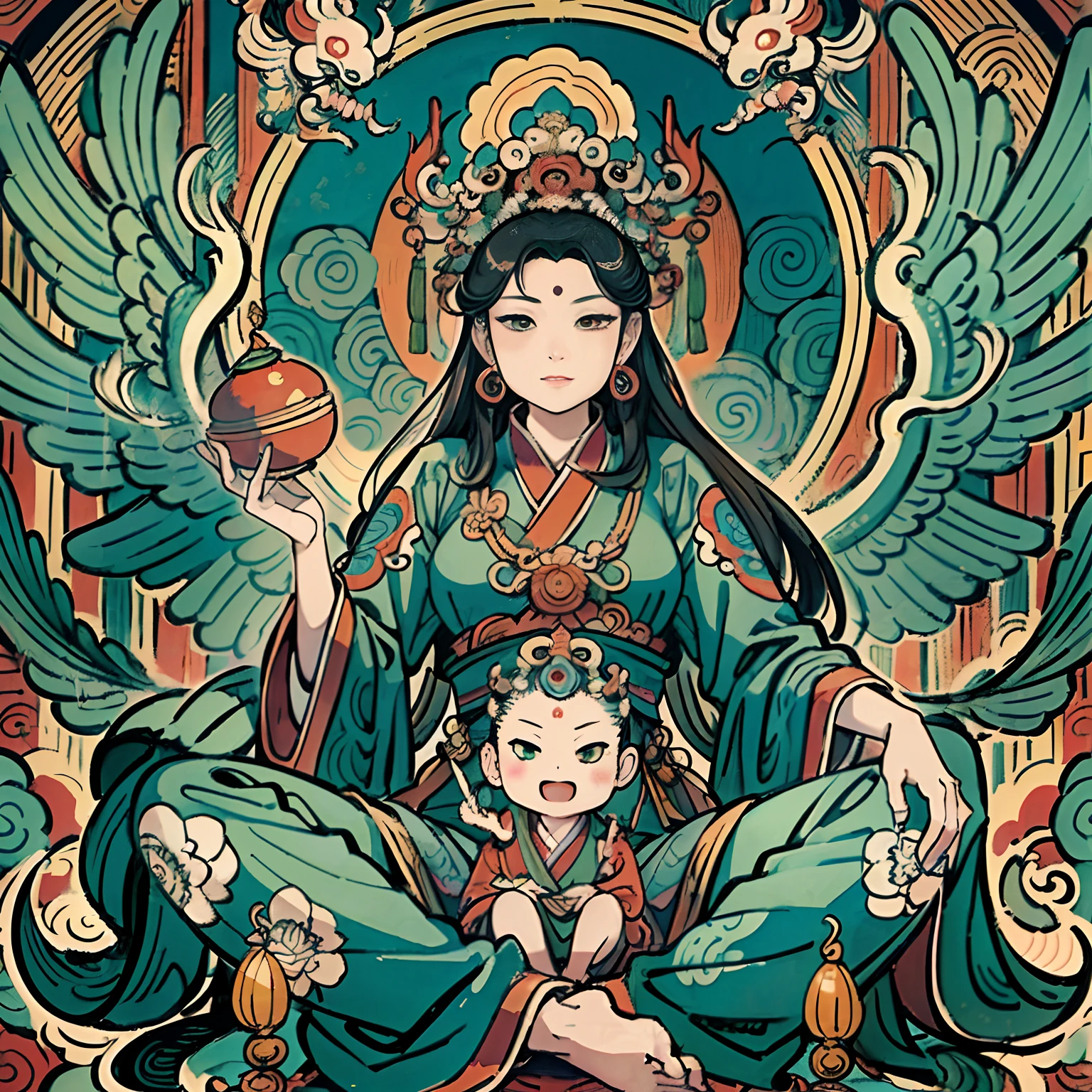 an ancient Chinese goddess, guanyin of the southern seas, Guanyin, Inspired by India, Avalokiteshvara rides a phoenix,,Serene expression,shui mo hua,Buddha,Buddhist,Lotus,Chinese painting style,Thangka style