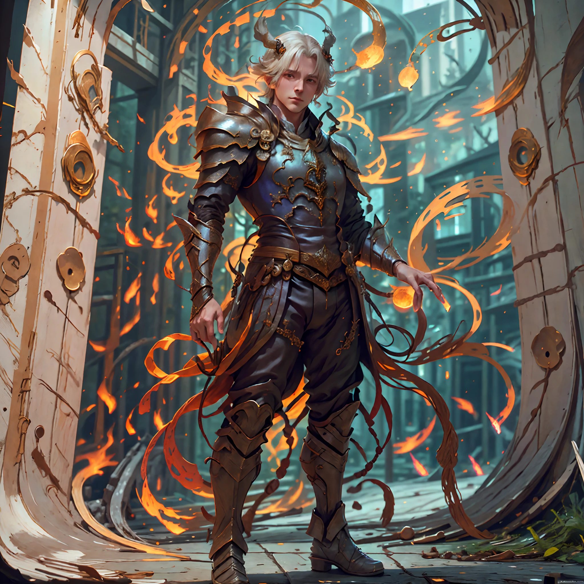 Full body photo of a monk standing in a building, Masculino Fantasia Alquimista, picture of a male cleric, Tuomas Korpi e Wlop, Paladino masculino, trending in the artstation, full portrait of magical knight, personagem de fantasia hiperdetalhado, As seen not ArtStation, cleric, flowing robes and leather armor, dressed like a cleric