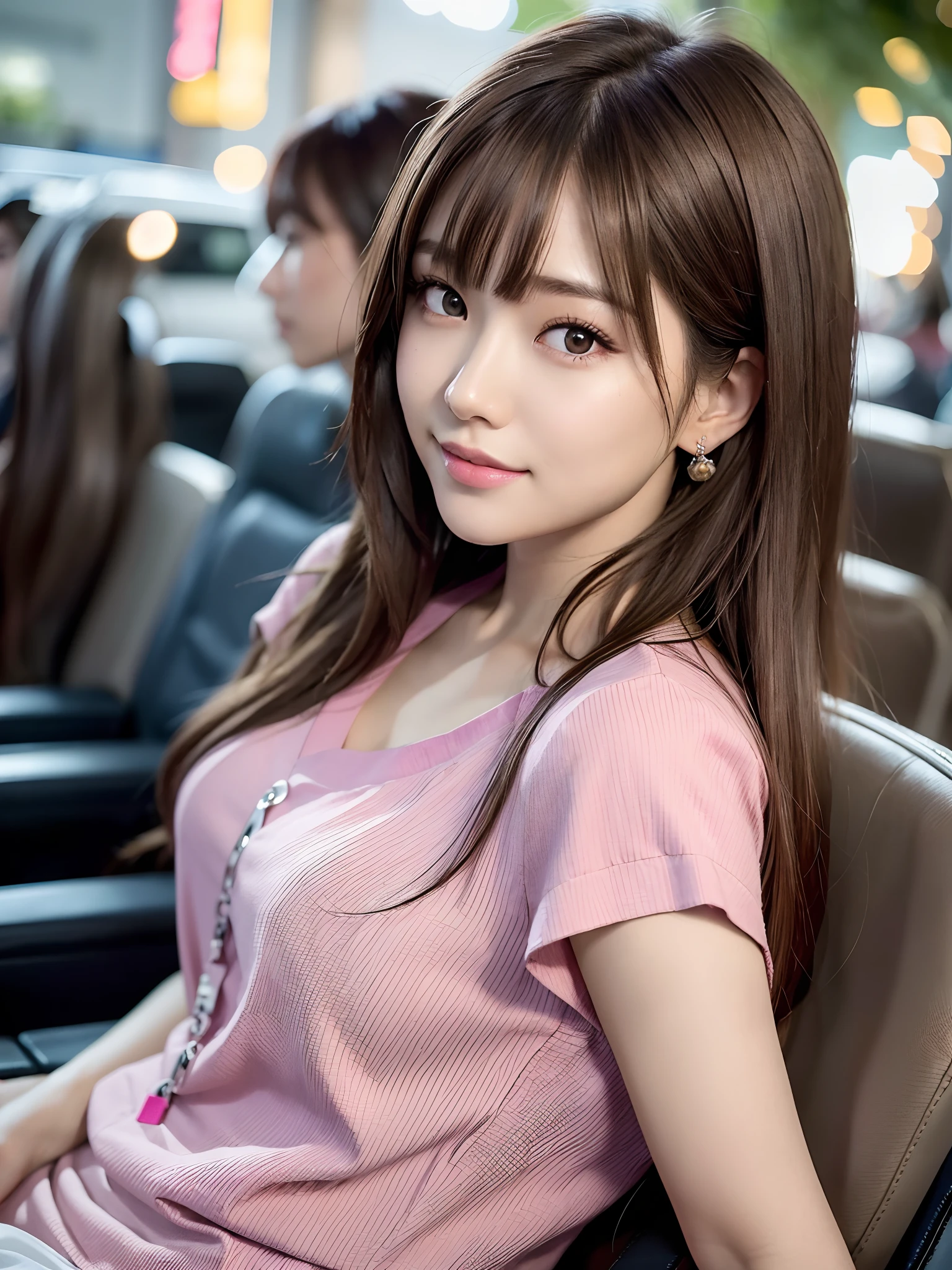 product quality, 1 girl per 1 photo, upper body shot, side view, a Japanese young pretty girl, long bob hair, wearing a marriage ring, wearing a short sleeves collared pink blouse, wearing light brown pants, sitting on a seat in a crowded movie theater with a big smile, a shoulder bag, having a movie pamphlet, hyper cute face, glossy lips, double eyelids for both eyes, natural makeup, shiny smooth light brown hair of long bob hair, asymmetrical bangs, tanned skin, central image, high resolution, high detail, detailed hairstyle, detailed face, dark lighting, octane rendering, hyper realistic, perfect limbs, perfect anatomy