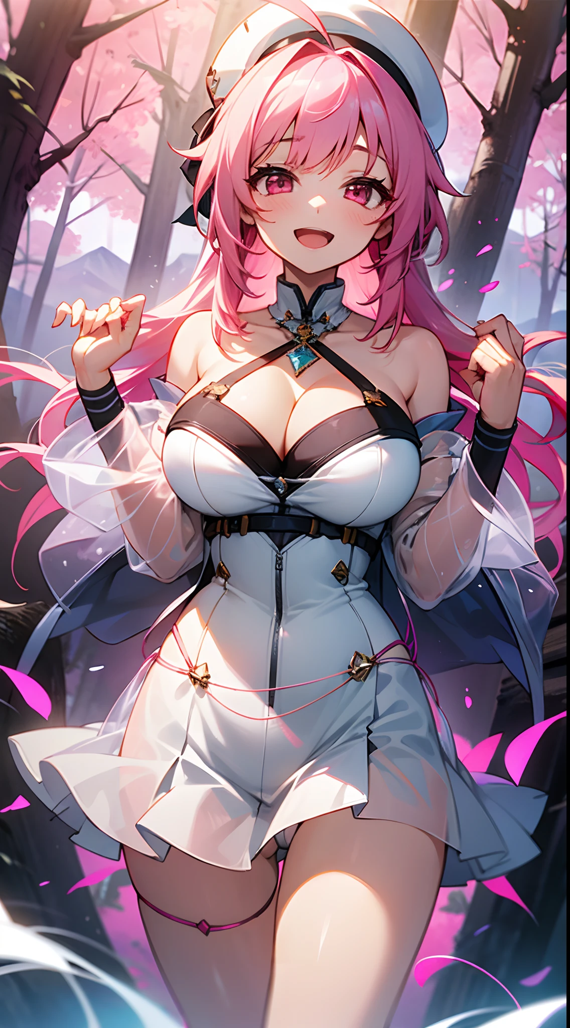1 girl, game CG, see-through white clothes, cleavage visible, shoulders visible, see-through white short skirt, white beret, string panties, jewel pendant, gigantic breasts, pink hair, long hair, hair up, princess hairstyle , ahoge, pink eyes, smile, open mouth, mountains, trees, rivers, dynamic,