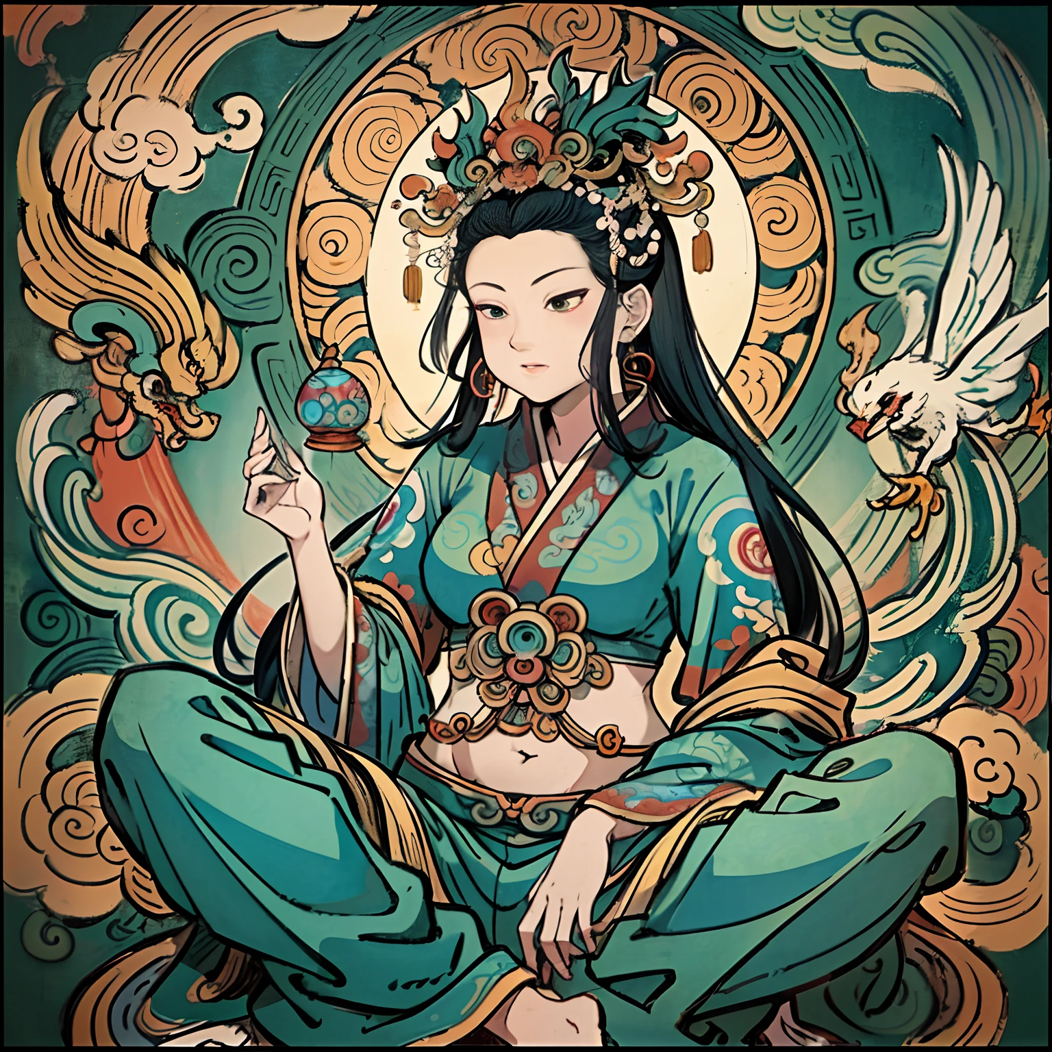 an ancient Chinese goddess, guanyin of the southern seas, Guanyin, Inspired by India, Avalokiteshvara rides a phoenix,,Serene expression,shui mo hua,Buddha,Buddhist,Lotus,Chinese painting style,Thangka style