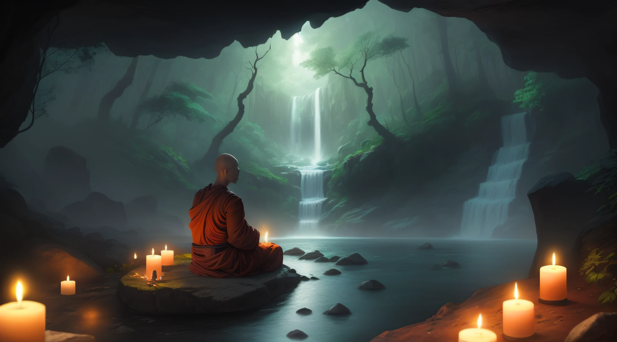 a person sitting in a cave with candles lit up, hindu stages of meditation, monk meditate, meditating, a mystical temple, praying meditating, buddhist monk meditating, glowing temple in the distance, floating in a powerful zen state, buddhism, meditation, buddhist, in a cave with the waterfall, mystical setting, underground temple, mysterious temple setting,, meditating, natural scenery, music, slot, in the forest, exquisite scenery, ordination, hdr, 8k, facebook cover rate