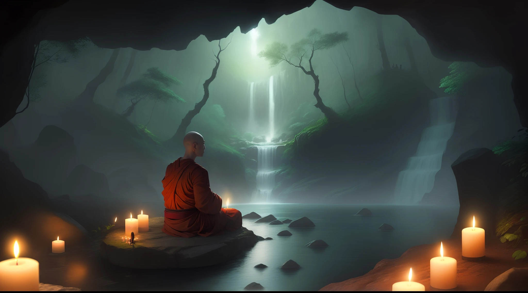 a person sitting in a cave with candles lit up, hindu stages of meditation, monk meditate, meditating, a mystical temple, praying meditating, buddhist monk meditating, glowing temple in the distance, floating in a powerful zen state, buddhism, meditation, buddhist, in a cave with the waterfall, mystical setting, underground temple, mysterious temple setting,, meditating, natural scenery, music, slot, in the forest, exquisite scenery, ordination, hdr, 8k, facebook cover rate