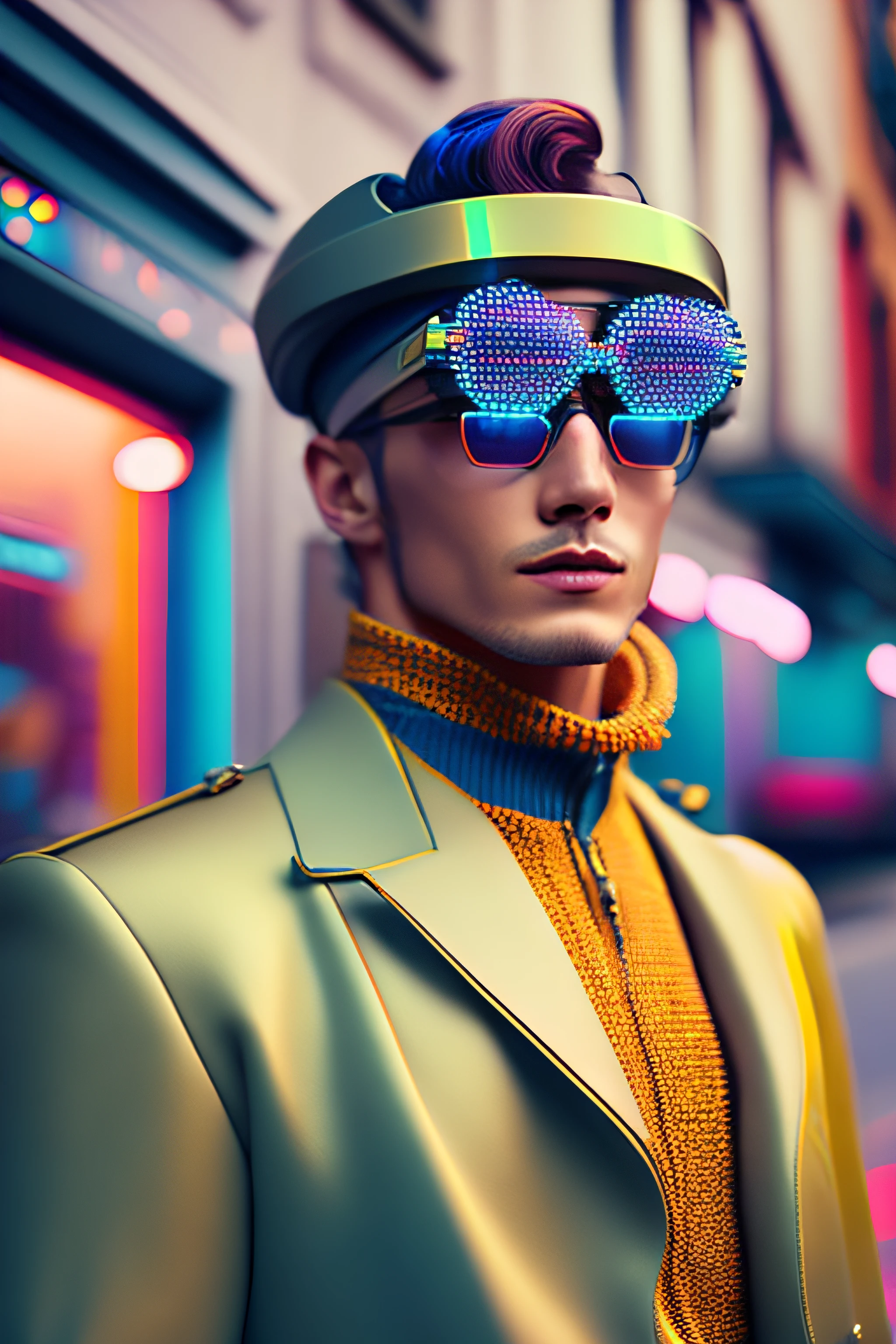 Man in yellow jacket and hat with colorful tie, inspirado em Mike Winkelmann, neon version of style jim burns, futuristic sunglasses, Directed by: Andrei Kolkoutine, lente amarela futurista, Editorial Oficial da Versace, 8 0's estilo tomasz alen kopera, futuristic glasses lenses, fotografia editorial, style hybrid mix of beeple, Retro Futuristic Fashion