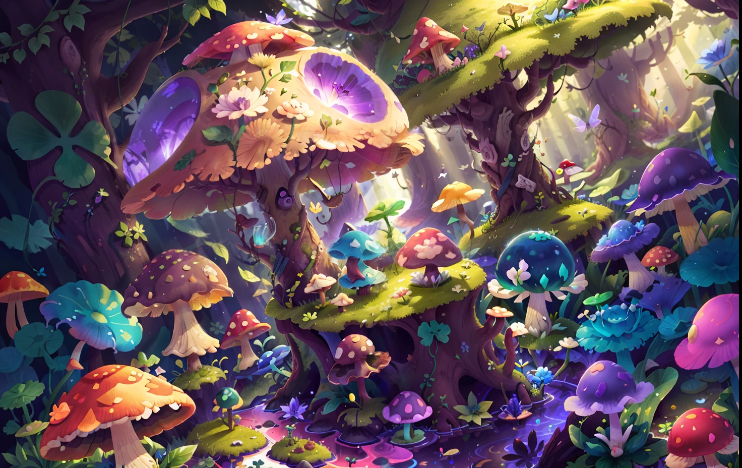Mushroom forest with glass goblet，s fractal art，morning glory，butterflys，lotuses，four-leaf clover，morning glory，Cyber Mushroom Forest，Ultra-detailed digital fantasy art。Mushrooms are everywhere in the picture，The unique mushroom shape creates a magical casa scene