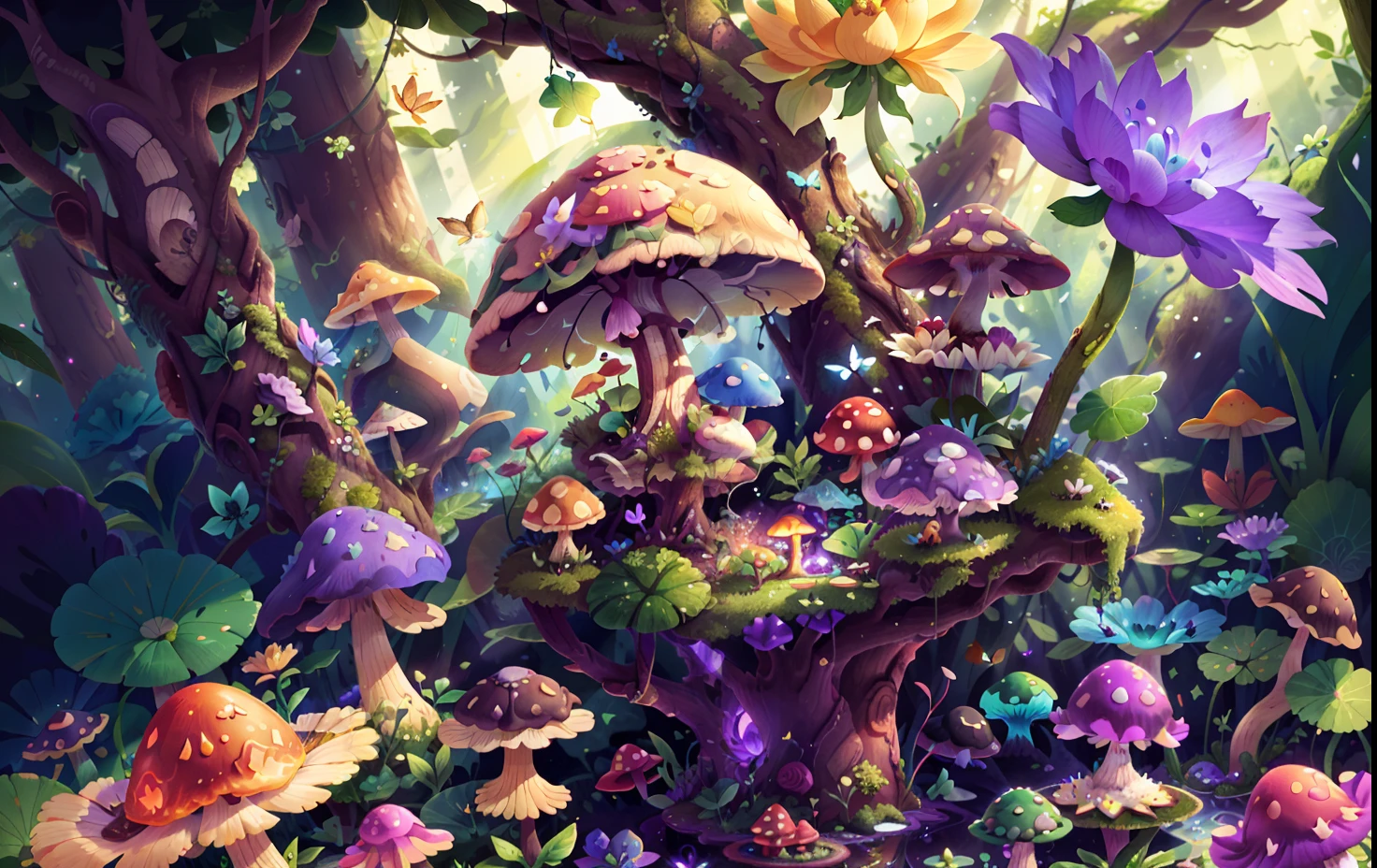 Mushroom forest with glass goblet,s fractal art,morning glory,butterflys,lotuses,four-leaf clover,morning glory,Cyber Mushroom Forest,Ultra-detailed digital fantasy art。Mushrooms are everywhere in the picture,The unique mushroom shape creates a magical casa scene
