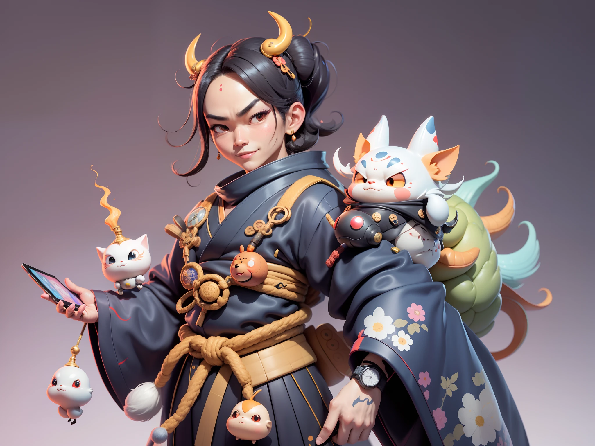 (Daisaku),(Need),(Super meticulous),(full bodyesbian:1.2),Japanese ukiyo-e girl,japanese geisha,Beautiful,Oriental dragon,Aeolian Thor,Raised sexy,爆乳,Oriental face,TV Anchor,Bust portrait illustration,Alone,In black suit,a blue tie,The face is slightly chubby,The face was clean,without a beard,Black super short hair,Black eyes,Smile confidently,3C computer sub-products,iPad, iphone,Digital painting,3D character design by Mark Clairen and Pixar and Hayao Miyazaki and Akira Toriyama,The illustration is a high-definition illustration in 4K resolution,With very detailed facial features and cartoon-style visuals。
