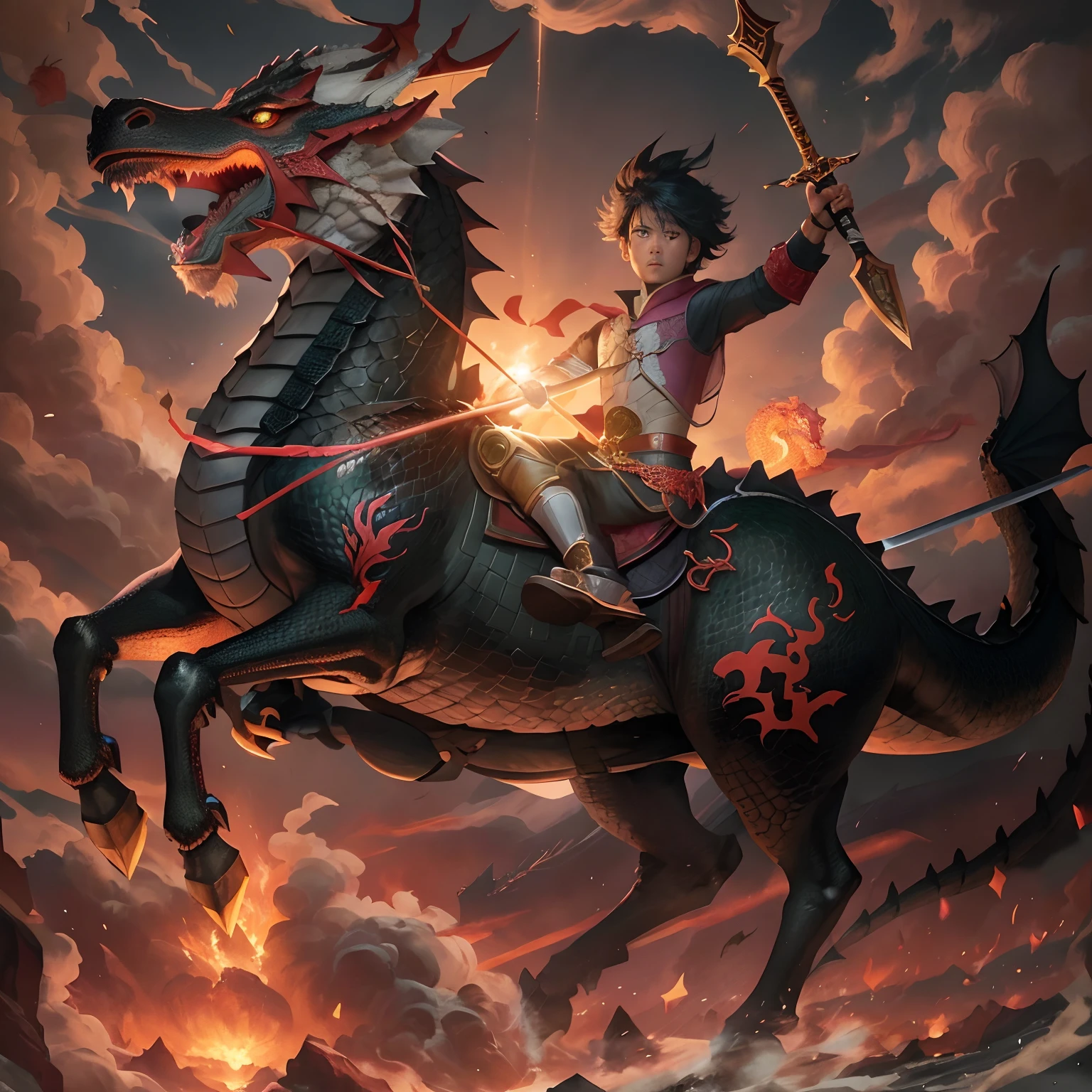 A boy riding a horse with a sword and a dragon on it., by Yang J, Rob Rey and Kentareõ Miura Style, Style Rob Rey and Kentaro Miura, Dragon Rider, By Jason Chan, teenage girl riding a dragon, by Ryan Yee, artgerm and atey ghailan, By Jeremy Chong, epic fantasy digital art style