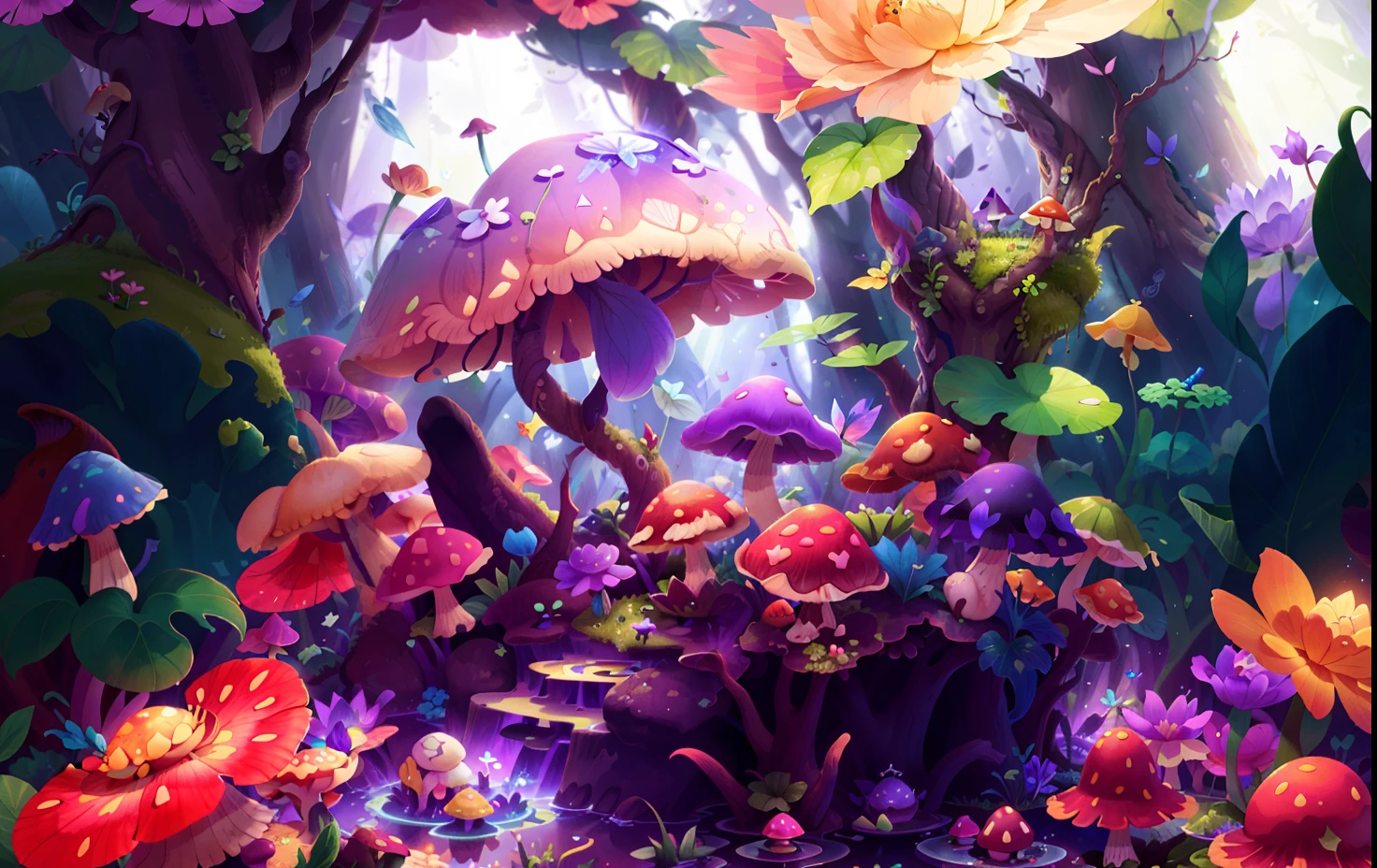 Mushroom forest with glass goblet,s fractal art,morning glory,butterflys,lotuses,four-leaf clover,morning glory,Cyber Mushroom Forest,Ultra-detailed digital fantasy art。Mushrooms are everywhere in the picture,The unique mushroom shape creates a magical casa scene