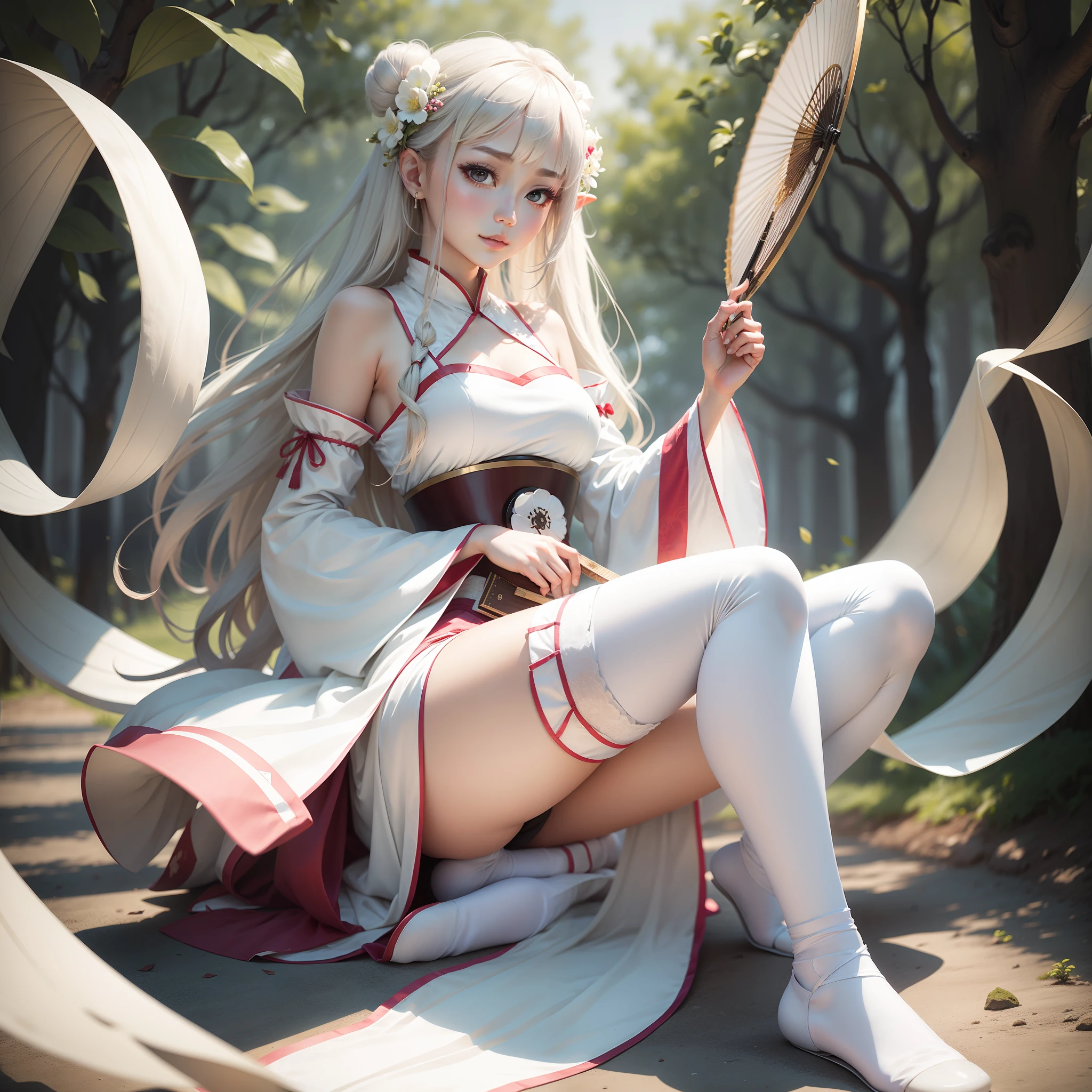 A princess dressed in white Hanfu,Holding a fan in his hand,There are white stockings on the legs,Her chest is particularly large
