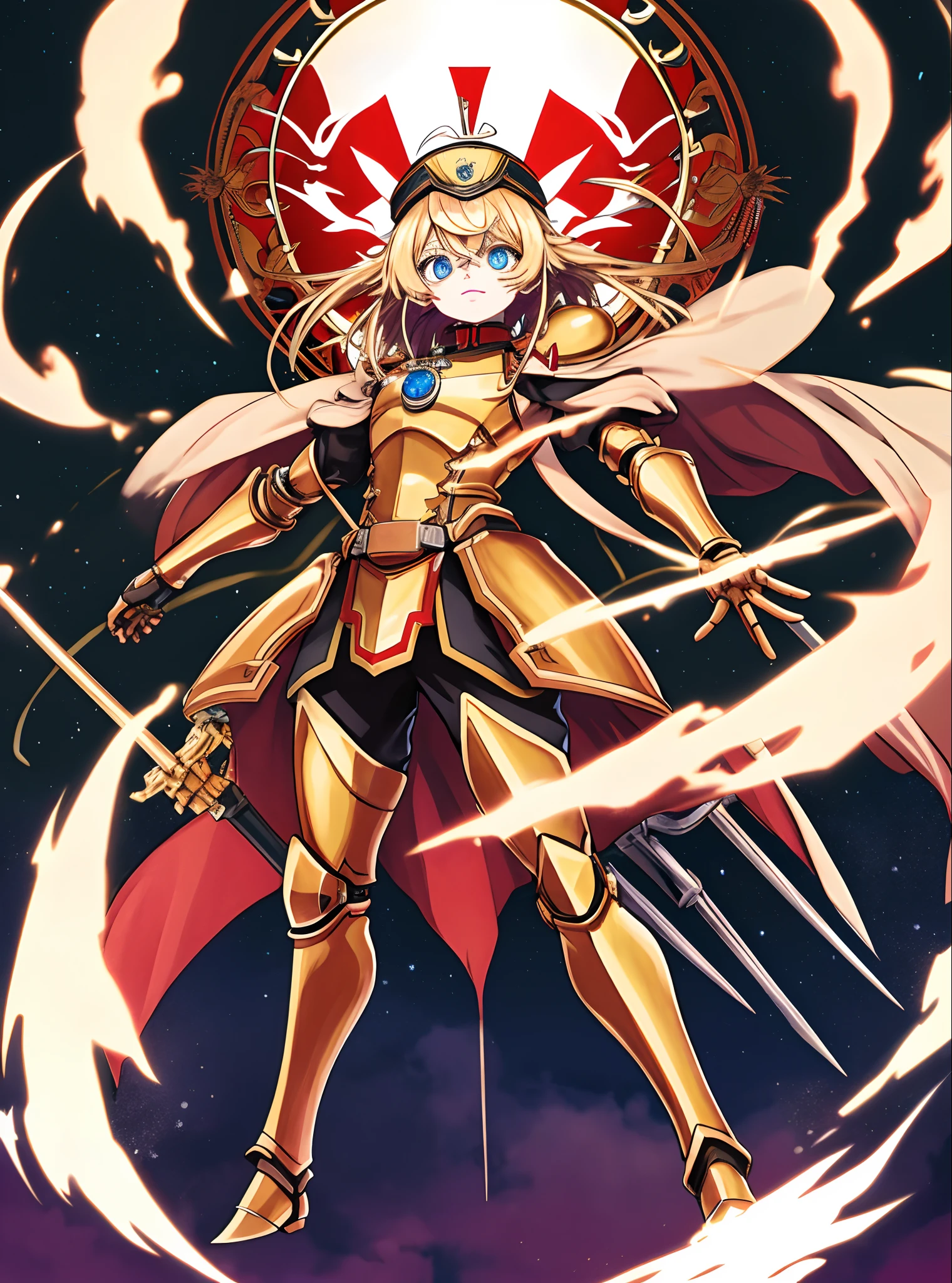 Um belo jogo CG com o tema Doomsday como corpo principal, hiper-detalhado, This is a complex structure in armor of the and yellow ,his hands hold a broad spear of heavy armor, militar, uniforme militar Amarelo, uma luz vermelha ardente: 1.2, os olhos emitem luz vermelha deslumbrante: 0.8, desenho bidimensional 3D, the yellow military robe near his shoulders sways with the wind, desenho de anime, Chiaroscuro, efeitos especiais de luz, mecha detalhado e requintado, Military cap Mecha on head, fonte de luz nos olhos