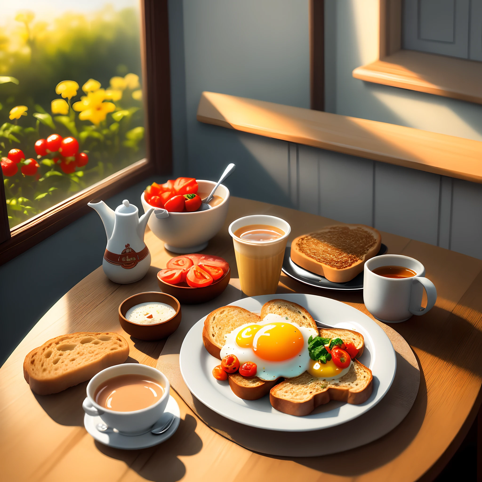 rich breakfast with eggs and toast and tomato and milk tea , Pixar style , golden hours light,warmcolors