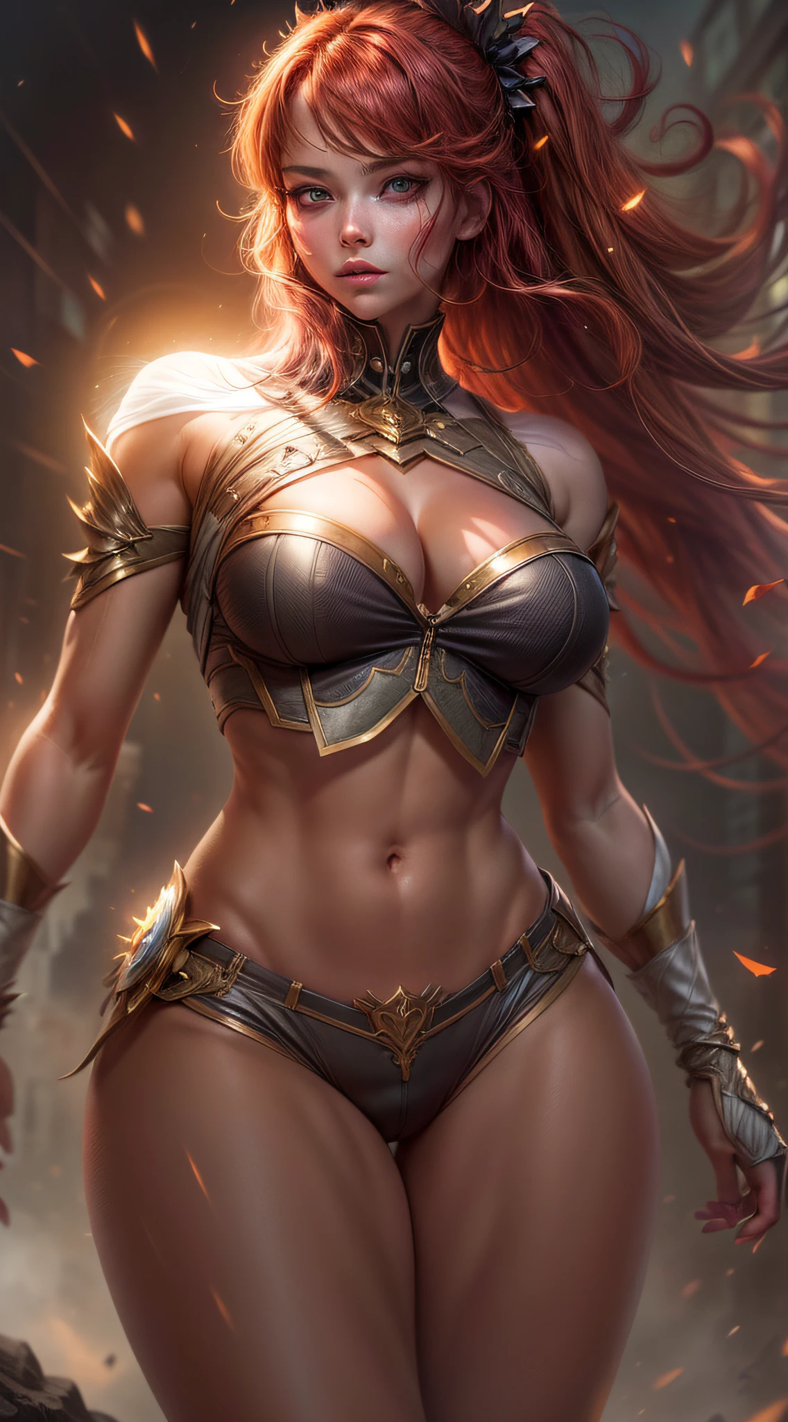 (masterpiece, best quality, high quality, high resolution: 1.4), detailed, extremely detailed, soft ambient lighting, 8K, In a world where beings have special powers, 1girl , light eyes, extremely detailed, glowing eyes, short red hair, hair with intricate luminous glowing strands, skin texture, golden skin, very large breasts, thin waist, wide hips, very beautiful and sexy, wearing bustier and micho shorts. She is standing on a rock looking at the spectator with a serious and extremely concentrated expression, an aura in the form of energy emerging from her entire body, the brightness in her eyes highlighted, the energy around her showing a gigantic porder wanting to leave her body, a body extremely well defined and very well distributed. A dark sky in a silent and dark night where the glow comes from the energy emanating from her body. Extremely detailed image, character based image of special powers.