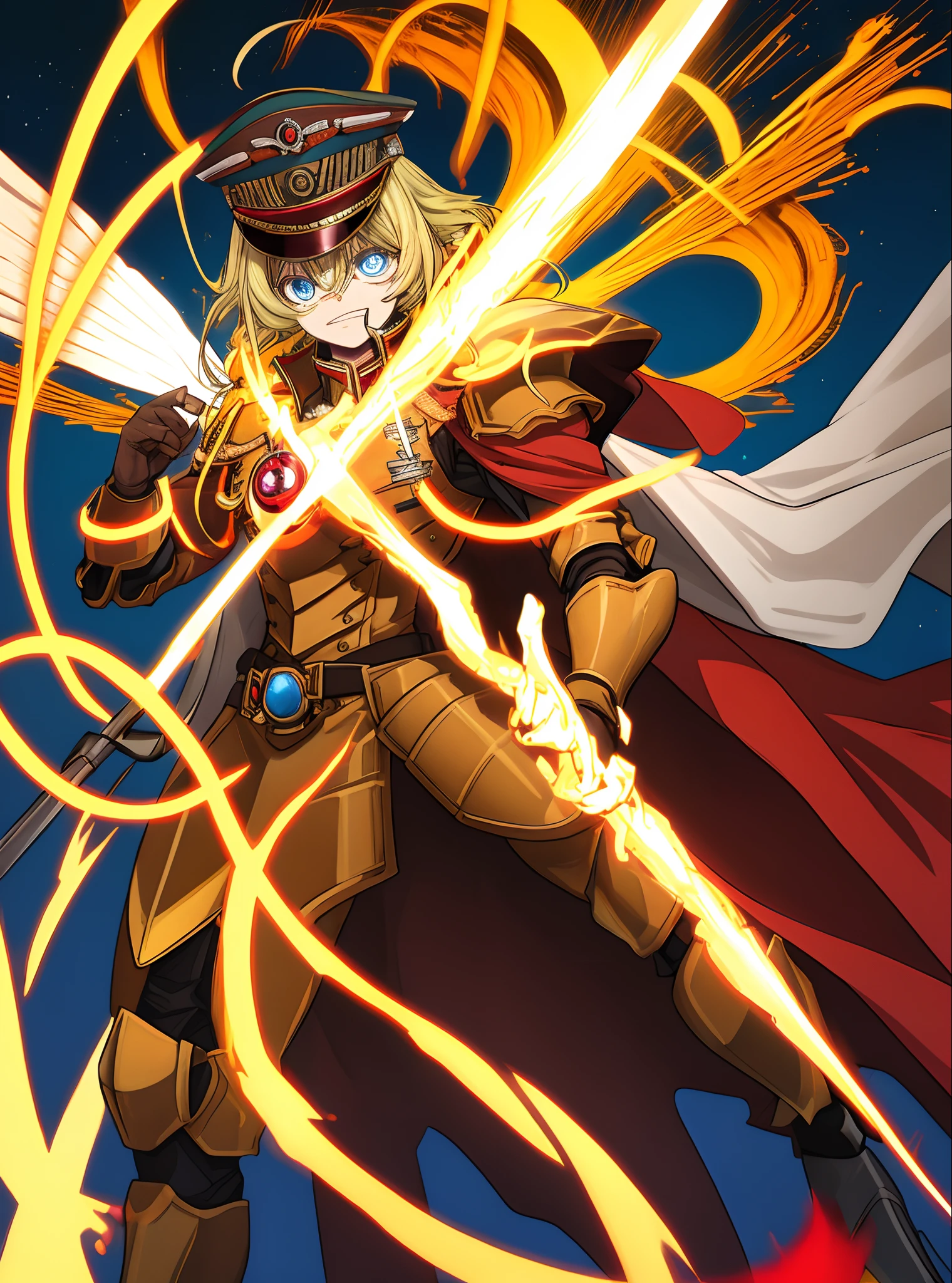 Um belo jogo CG com o tema Doomsday como corpo principal, hiper-detalhado, This is a complex structure in armor of the and yellow ,his hands hold a broad spear of heavy armor, militar, uniforme militar Amarelo, uma luz vermelha ardente: 1.2, os olhos emitem luz vermelha deslumbrante: 0.8, desenho bidimensional 3D, the yellow military robe near his shoulders sways with the wind, desenho de anime, Chiaroscuro, efeitos especiais de luz, mecha detalhado e requintado, Military cap Mecha on head, fonte de luz nos olhos