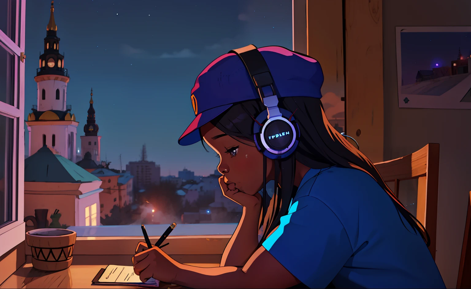 lofistudy, 1girl, writing, from side, african girl, long hair, headphones, wearing tshirt, window, ukraine background, night, wearing cap