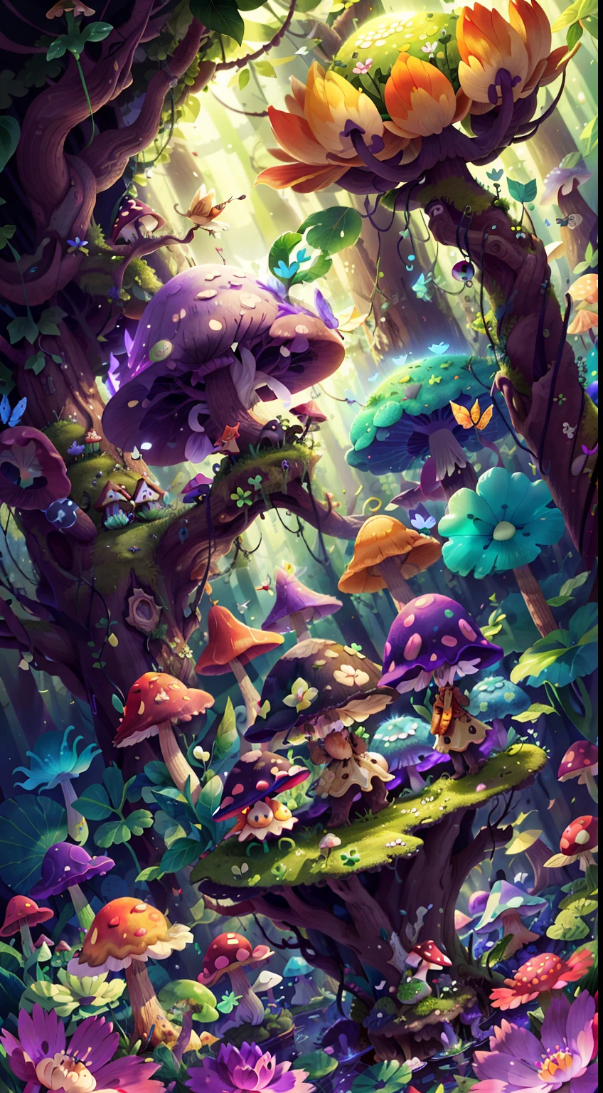 Mushroom forest with glass goblet，s fractal art，morning glory，butterflys，lotuses，four-leaf clover，morning glory，Cyber Mushroom Forest，Ultra-detailed digital fantasy art。Mushrooms are everywhere in the picture，The unique mushroom shape creates a magical casa scene