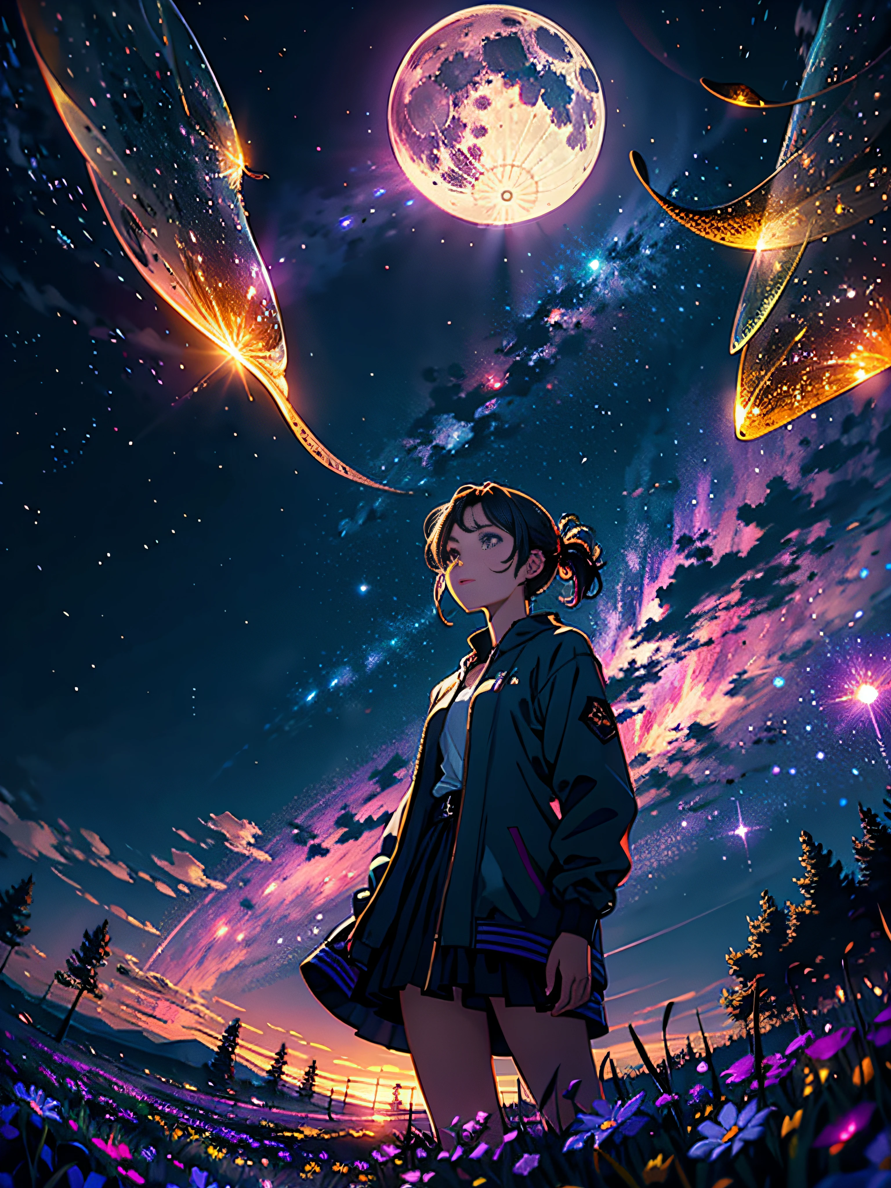 A wide landscape photo, (viewed from below, the sky is above, and the open field is below), a girl standing on a flower field looking up, (full moon: 1.2), (meteor: 0.9), (nebula: 1.3), distant mountains , Trees BREAK Crafting Art, (Warm Light: 1.2), (Firefly: 1.2), Lights, Lots of Purple and Orange, Intricate Details, Volumetric Lighting BREAK (Masterpiece: 1.2), (Best Quality), 4k, Ultra Detailed, (Dynamic Composition: 1.4), Rich in Detail and Color, (Rainbow Color: 1.2), (Glow, Atmospheric Lighting), Dreamy, Magical, (Solo: 1.2)
