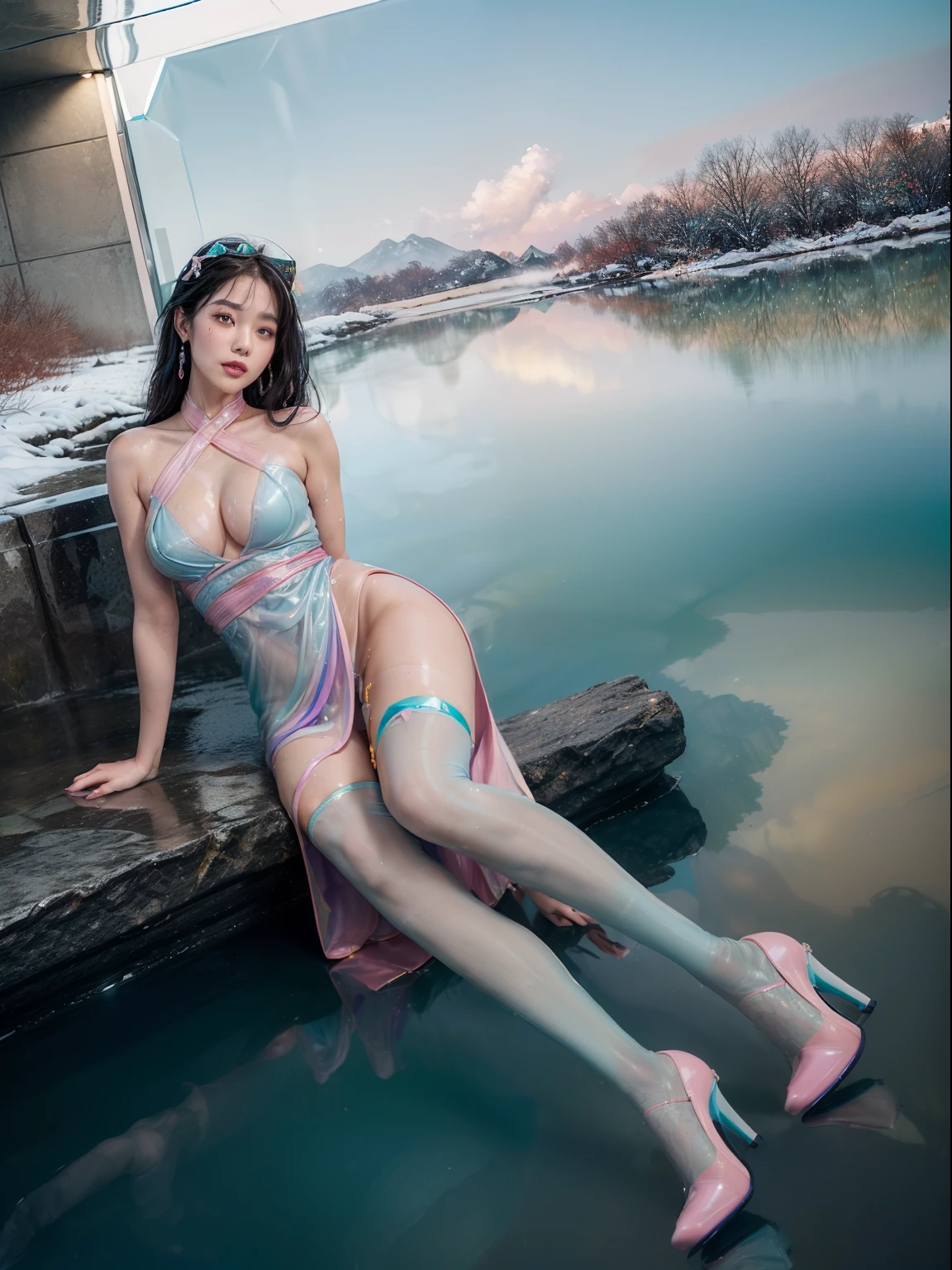 Splitting characters is prohibited,(full bodyesbian:2),(1girll:1.2),(Reveal high heels,A perfect match to the picture:1.6), (anatomy correct:1.5), (The figure is at the top of the mountain|on a snowy mountain|over the sea|in the water|On the boat|Top of high-rise building|On the street|in woods|at the lakes|In front of the waterfall|in an airplane|In space|In the palace|In glass|:1.2), (Dressed in a gorgeous Chinese Qing dynasty printed queen dress:1.5),(Polished pointed toe heels:1.2), (Oily glossy stockings:2),(In pink|amarelo|blue colors|green color|red colour|white colors|black in color|purpleish color|greys|Beige|Flesh-colored:2),(Accurate and perfect face:1.6),(Skin reflection:1.5),A shallow laugh,,Strangling effect,hyper HD, Ray traching, reflective light,structurally correct, Award-Awarded, high detal, lightand shade contrast, Face lighting,cinmatic lighting, tmasterpiece, super detailing, high high quality, high detal, best qualityer, 16k