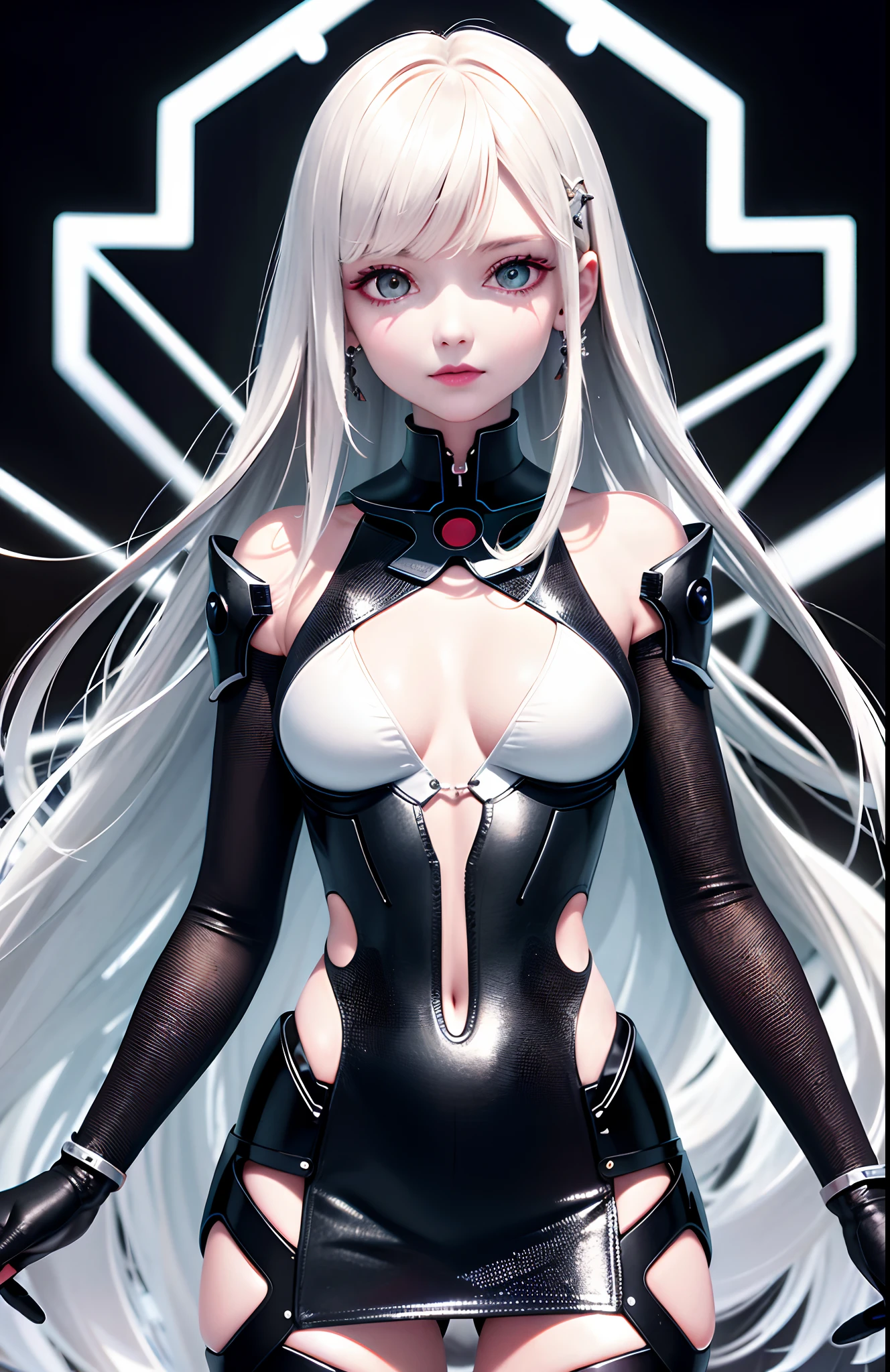 optimum,tmasterpiece,A high resolution,best qualtiy,hyper HD,super detailing,Award-Awarded,16k,独奏,(The upper part of the body),anatomy correct,Beautiful cyberpunk girl,Ex Machina,cute face,high light,Gradient Beige Hair,Hairline,((Scarlet eyes)),long eyelasher,Hanging eye corners,White skin of the,(small boobs),(Slim body),((Short jacket)),((collared_dress)),ear studs,(neck rings),(Laser material clothing:1.2)