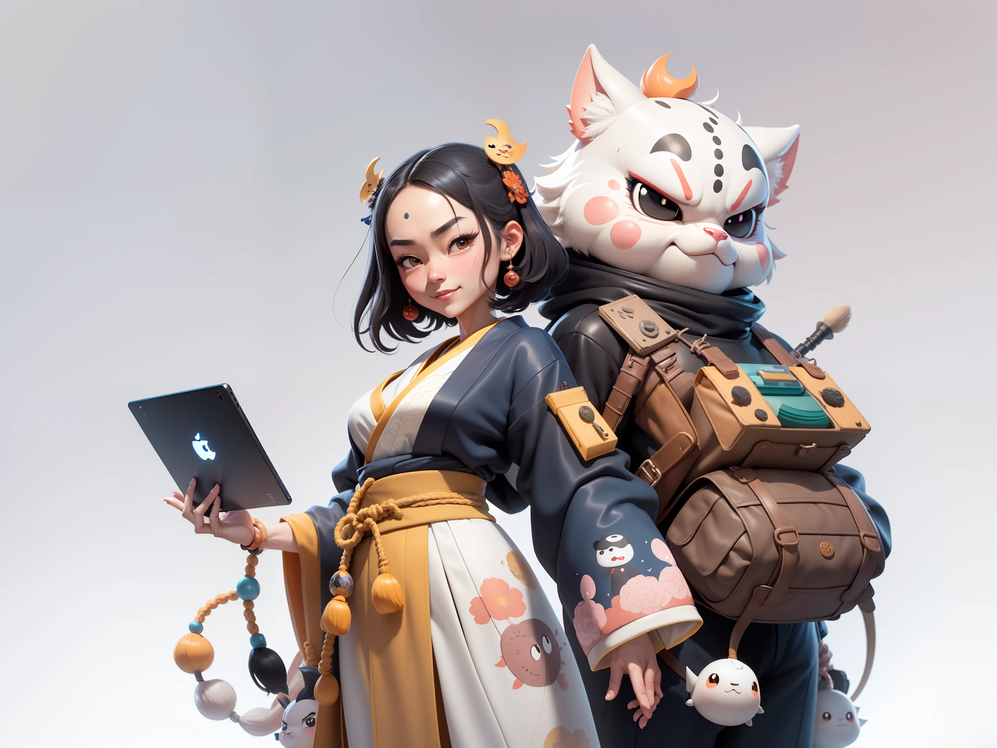 (Daisaku),(Need),(Super meticulous),(full bodyesbian:1.2),Japanese ukiyo-e girl,japanese geisha,Beautiful,Oriental dragon,Aeolian Thor,Raised sexy,爆乳,Oriental face,TV Anchor,Bust portrait illustration,Alone,In black suit,a blue tie,The face is slightly chubby,The face was clean,without a beard,Black super short hair,Black eyes,Smile confidently,3C computer sub-products,iPad, iphone,Digital painting,3D character design by Mark Clairen and Pixar and Hayao Miyazaki and Akira Toriyama,The illustration is a high-definition illustration in 4K resolution,With very detailed facial features and cartoon-style visuals。