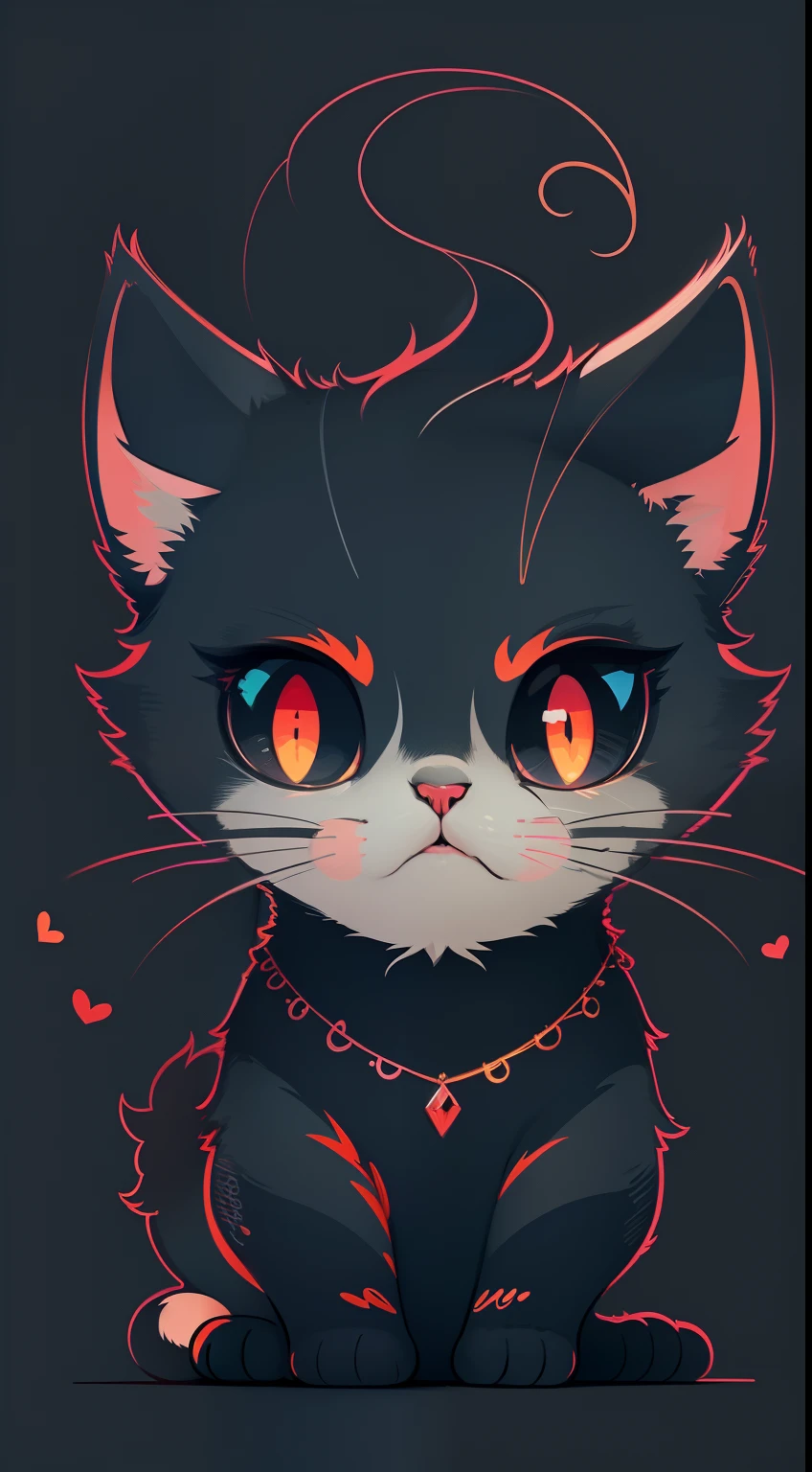 Create a vibrant dark fantasy cute cat in a clean-lined minimalistic cartoon style