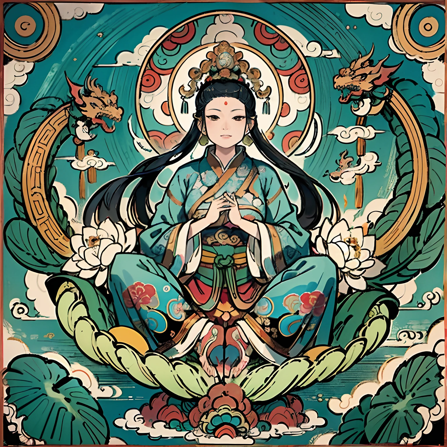 an ancient Chinese goddess, guanyin of the southern seas, Guanyin, Inspired by India, Avalokiteshvara rides a dragon,Serene expression,shui mo hua,Buddha,Buddhist,Lotus,Chinese painting style,Thangka style