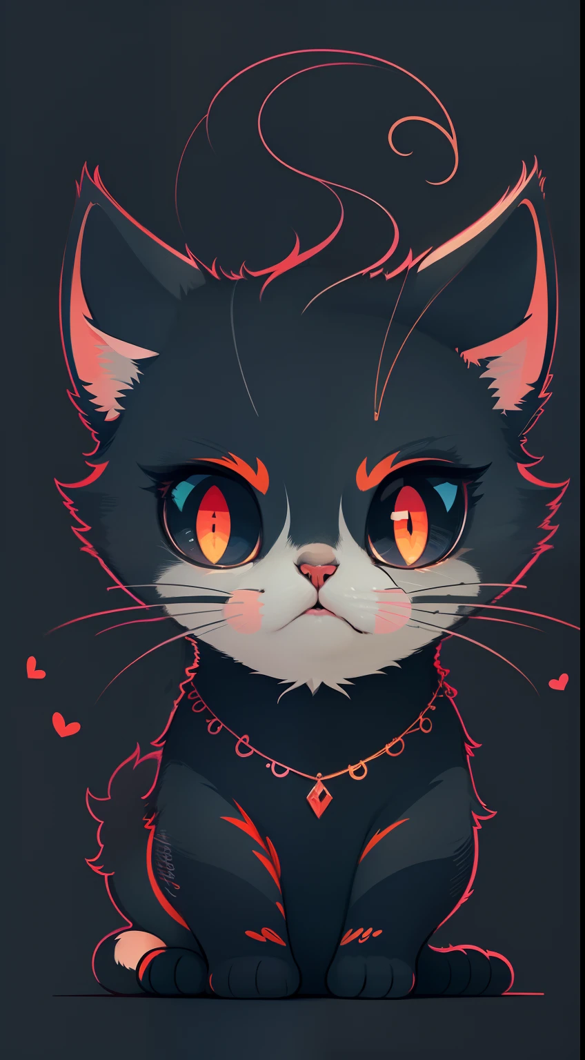 Create a vibrant dark fantasy cute cat in a clean-lined minimalistic cartoon style