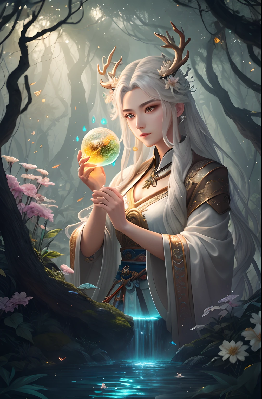 Masterpiece, best quality, (very detailed CG unified 8k wallpaper), (best quality), (best illustration), (best shadow), close-up of a beauty with white hair and white mask, beautiful figure painting, Guvitz, Guwiz style artwork, white-haired god, Yang J, epic exquisite character art, amazing character art, Fan Qi, Wu Zhun Shifan, Guwiz in pixiv art station, glowing elf, with a glowing deer, drinking water in the pool, Natural elements in forest theme. Mysterious forest, beautiful forest, nature, surrounded by flowers, delicate leaves and branches surrounded by fireflies (natural elements), (jungle theme), (leaves), (branches), (fireflies), (particle effects) and other 3D, Octane rendering, ray tracing, super detailed
