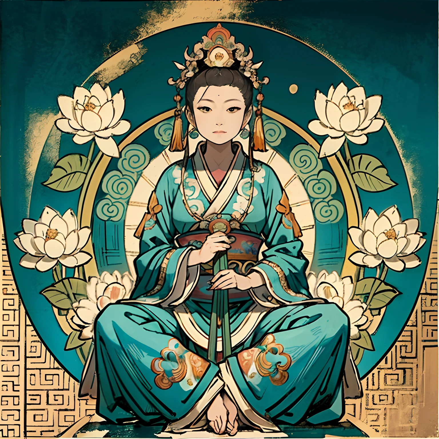 Woman sitting on a lotus,guanyin of the southern seas,Guanyin,contented female bodhisattva,jade sculpture,bodhisattva,queen of the sea mu yanling,serene,Serene expression,shui mo hua,Buddha,Buddhist,Lotus,Chinese painting style,Thangka style