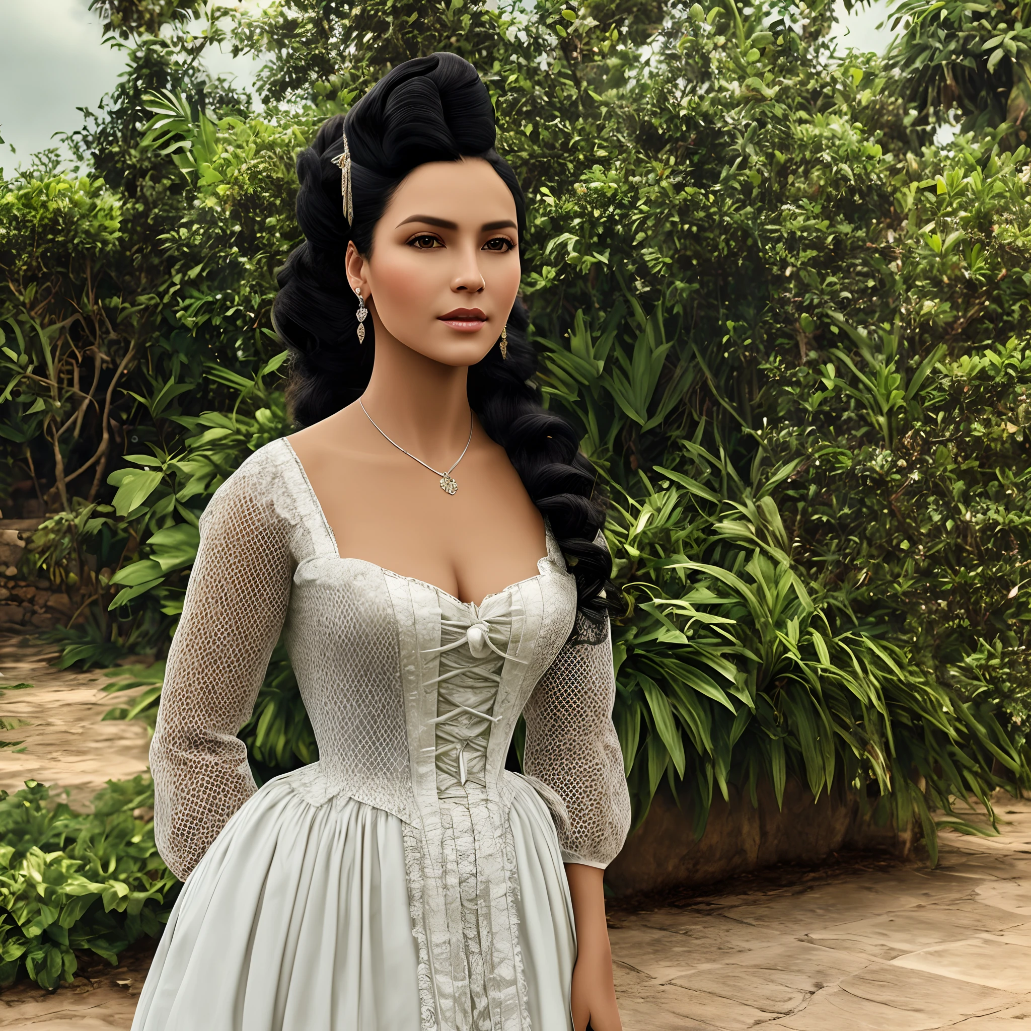 Ultra realistic image of woman of the year 1875 dressed in period clothing. Pele clara, cabelos cacheados e negros, olhar doce, boca suave, elegante, Beautful. In the background a colonial mansion of Brazil