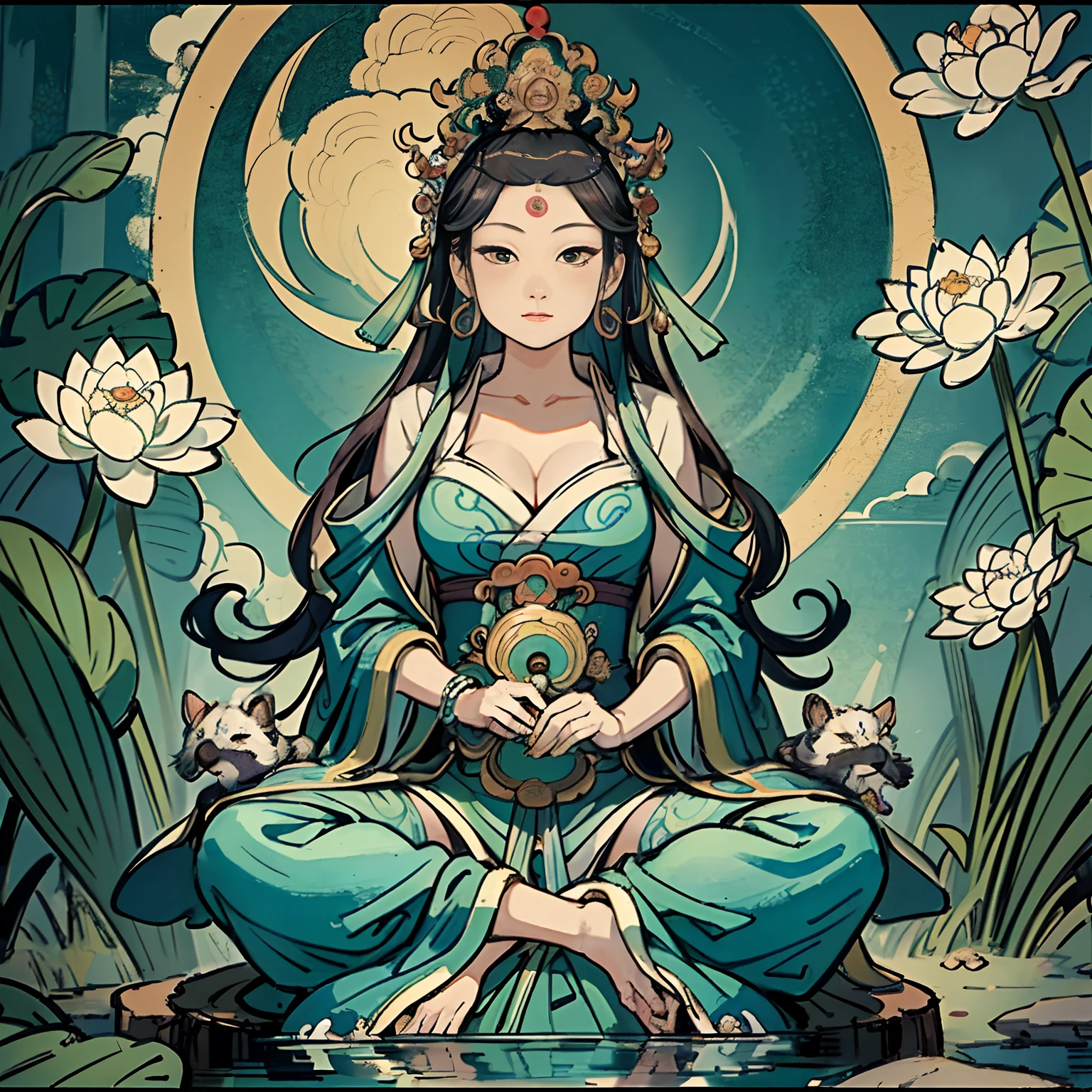 Woman sitting on a lotus,guanyin of the southern seas,Guanyin,contented female bodhisattva,jade sculpture,bodhisattva,queen of the sea mu yanling,serene,Serene expression,shui mo hua,Buddha,Buddhist,Lotus,Chinese painting style,Thangka style