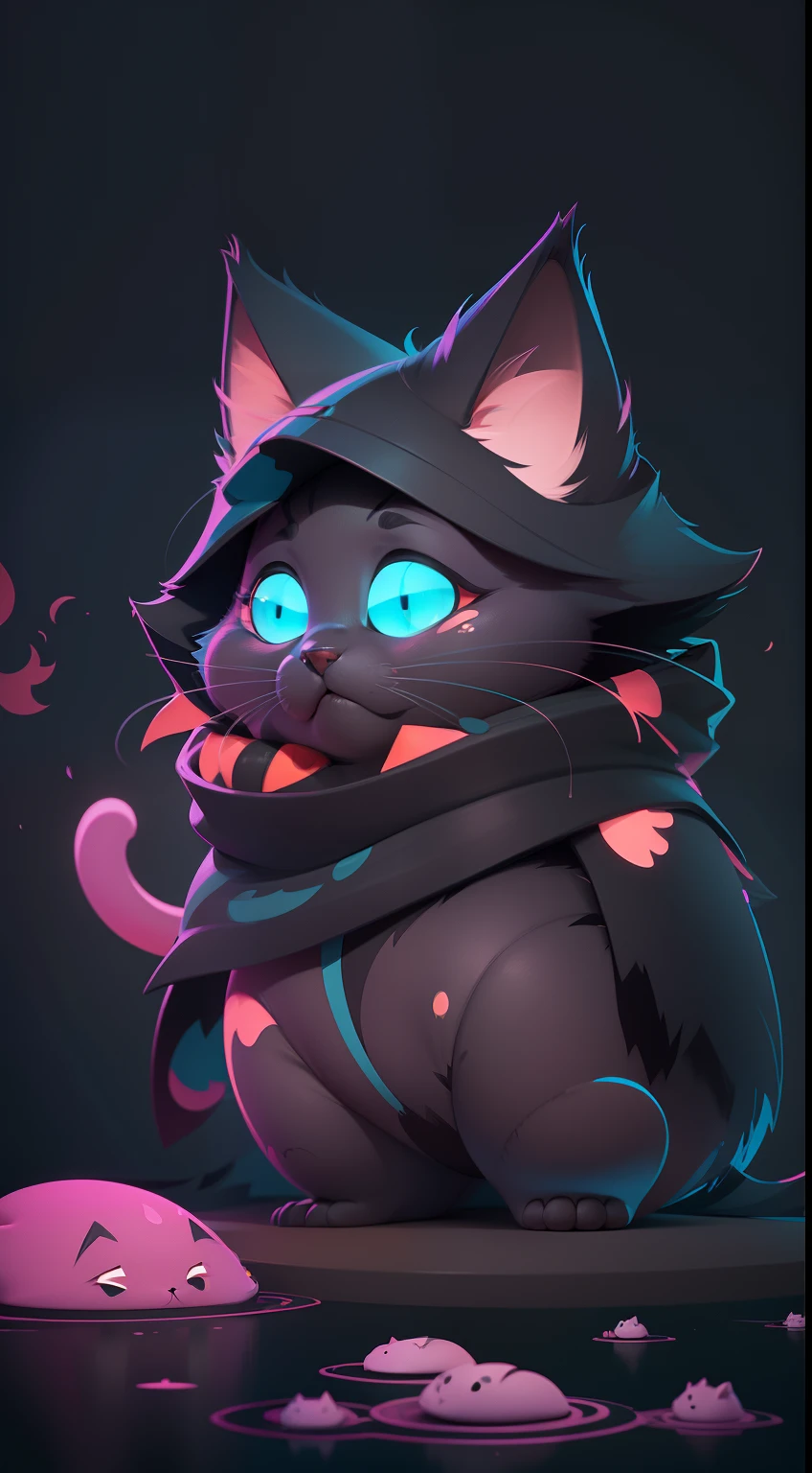 Create a vibrant dark fantasy cute catl in a clean-lined minimalistic cartoon style, octane render, 8k
