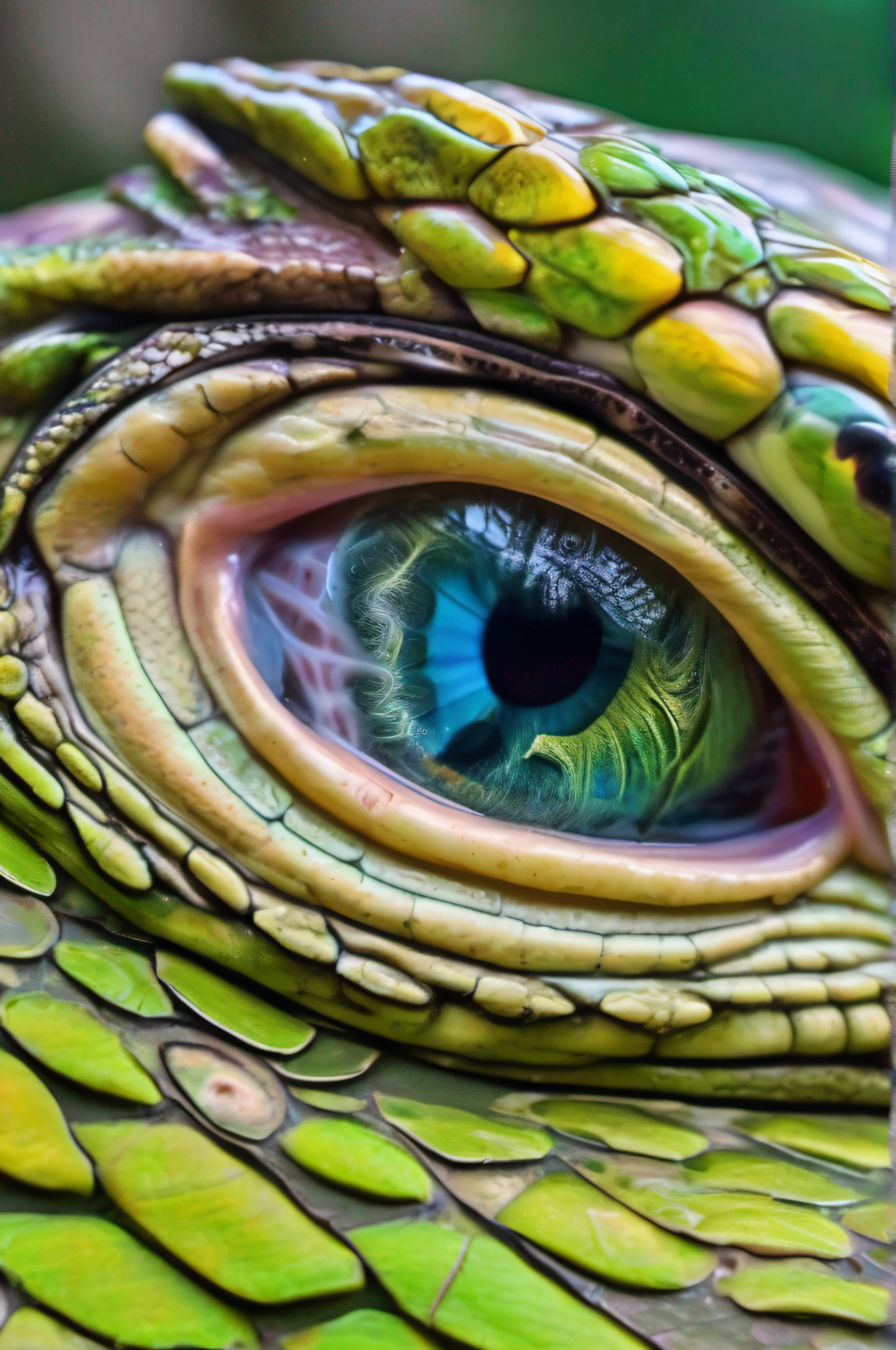 imagen intrincada llena de detalles, 8k, Unique work, rana multicolor, piel de reptil detallada, ojos detallados, cuerpo detallado, piel definida, cerca a un lago, mezcla de bosque y paisaje natural en perfecta coexistencia, luz fuerte y brillante