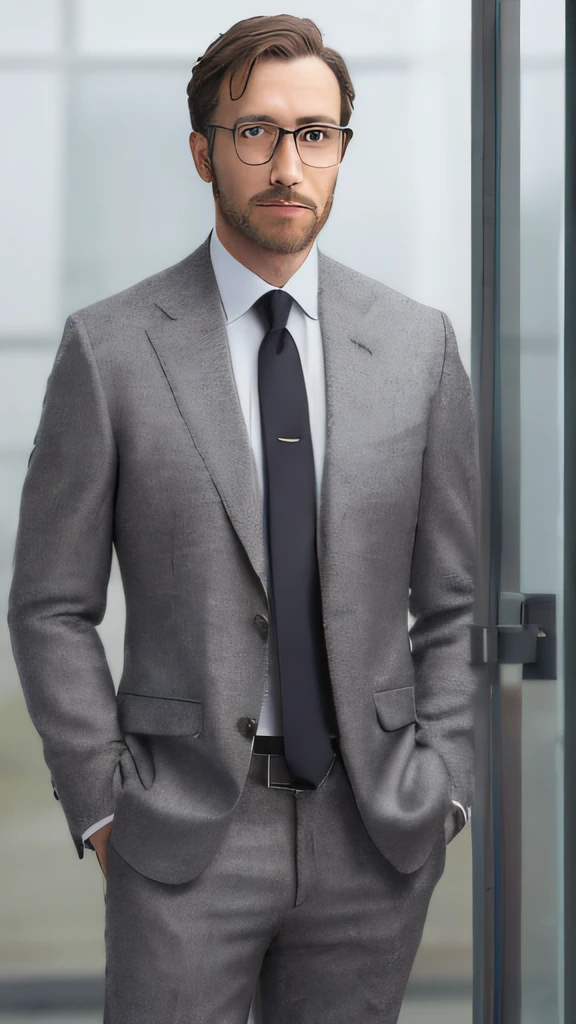 Realistic,  (masterpiece, best_quality:1.1), a man wearing glasses  standing in front of a glass door with a cross on it, zegna, Drop+7, Double vents, Notch lapels, Flap pockets, 2-button closure, Fully lined, Deconstructed, 100%+Wool, Grey, suits, young, wearing a undercloth and tie, oxford knot