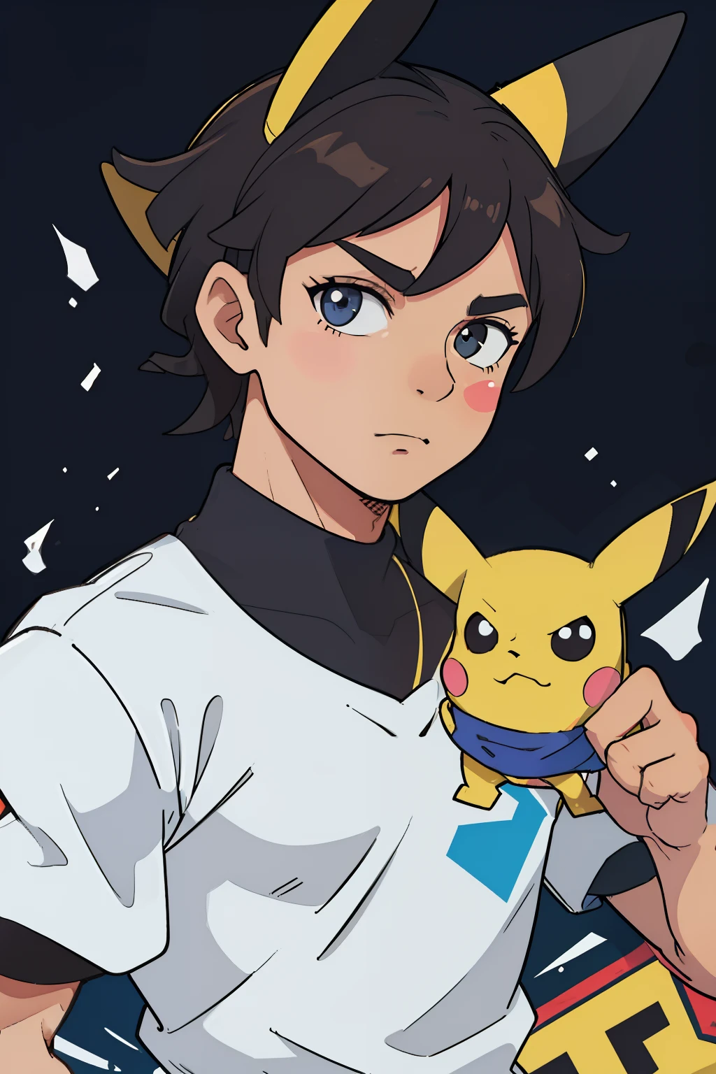 (obra-prima, qualidade superior, melhor qualidade), pixel, pixel art, homem, corpo inteiro, jovem, sem cabelo, bonito, pele branca, acompanhado de um pikachu