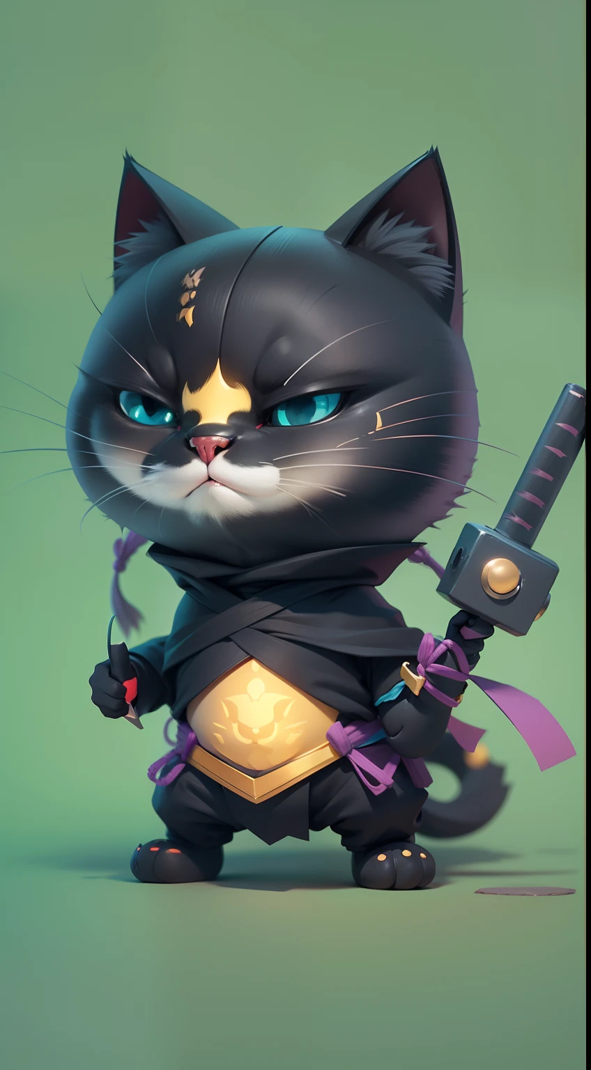 Create a vibrant dark fantasy cute ninja cat in a clean-lined minimalistic cartoon style, octane render, 8k